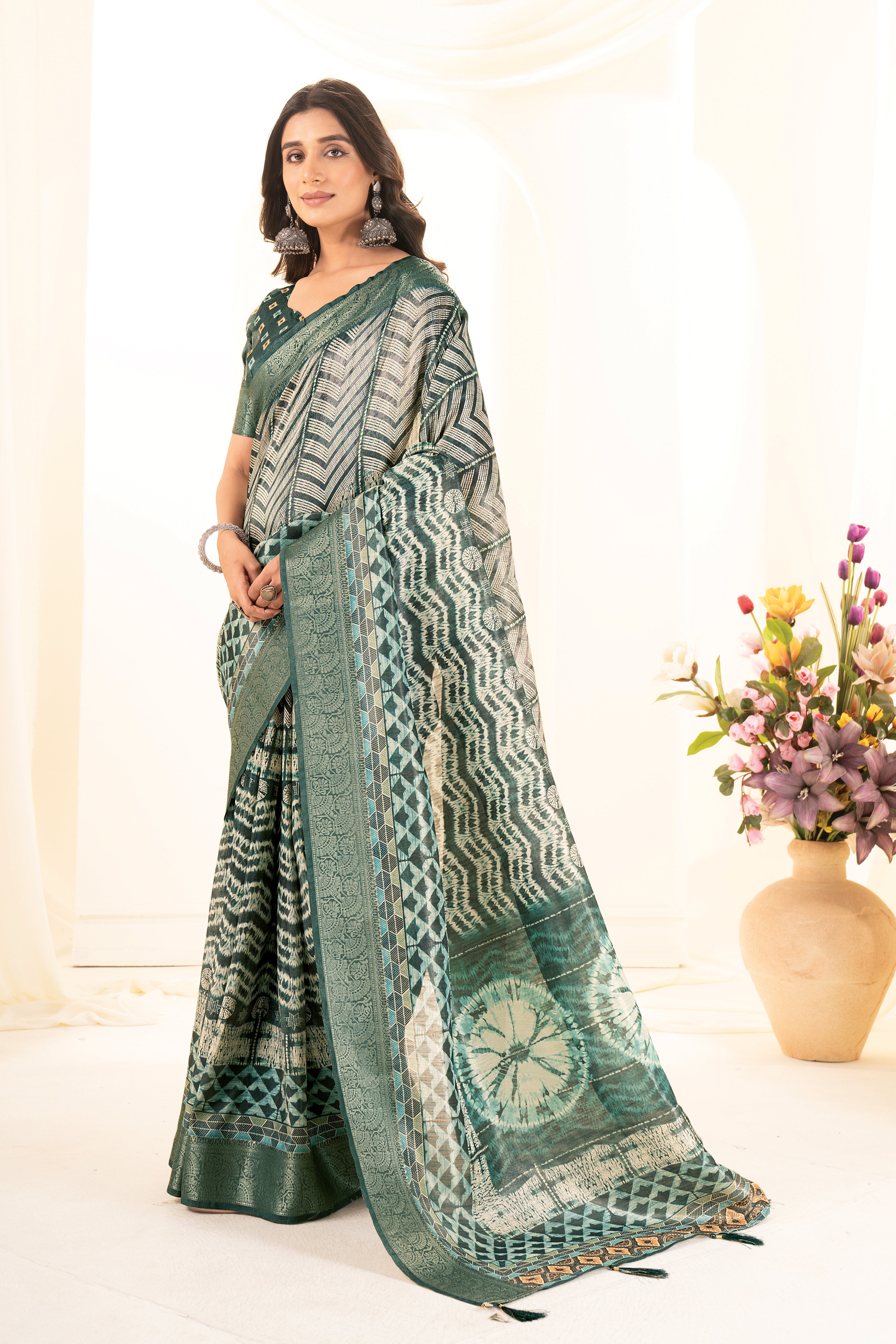 Bottle Green Digital Geometric & Tie-Dye Print Tusser Silk Saree
