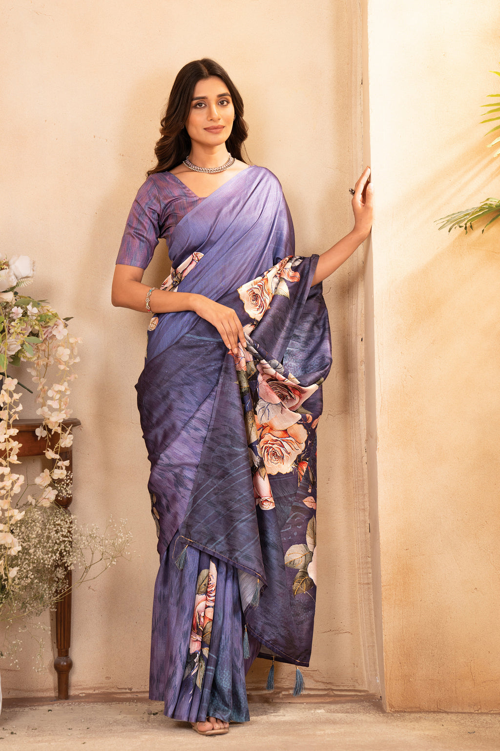 Lavender Tusser Silk Floral Digital Printed Saree