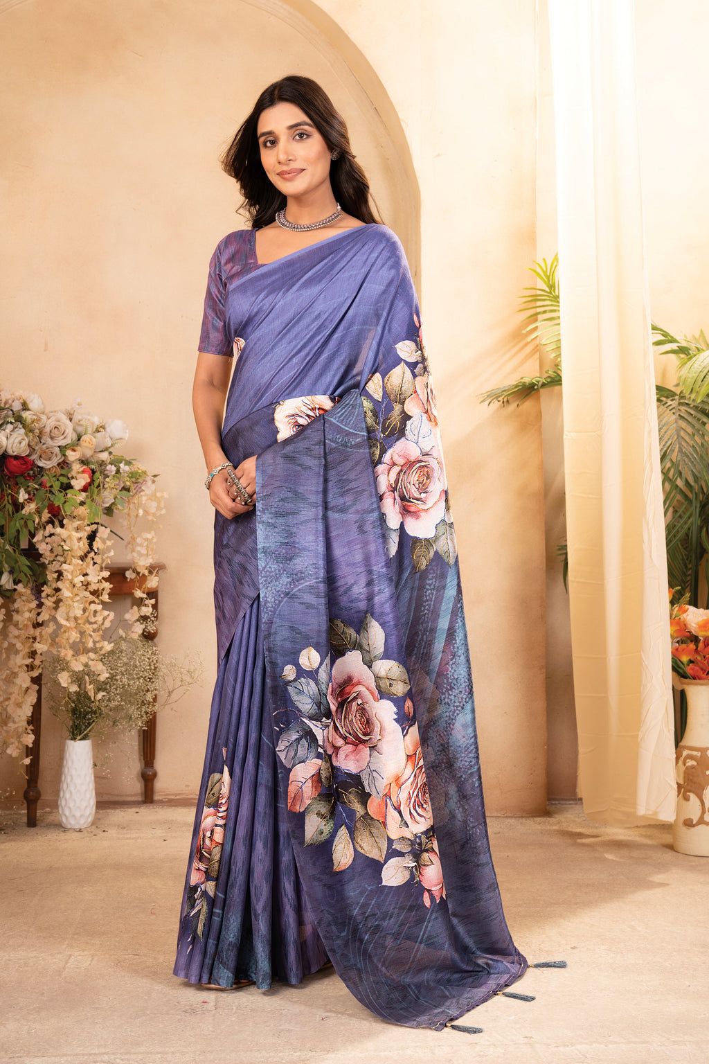 Lavender Tusser Silk Floral Digital Printed Saree