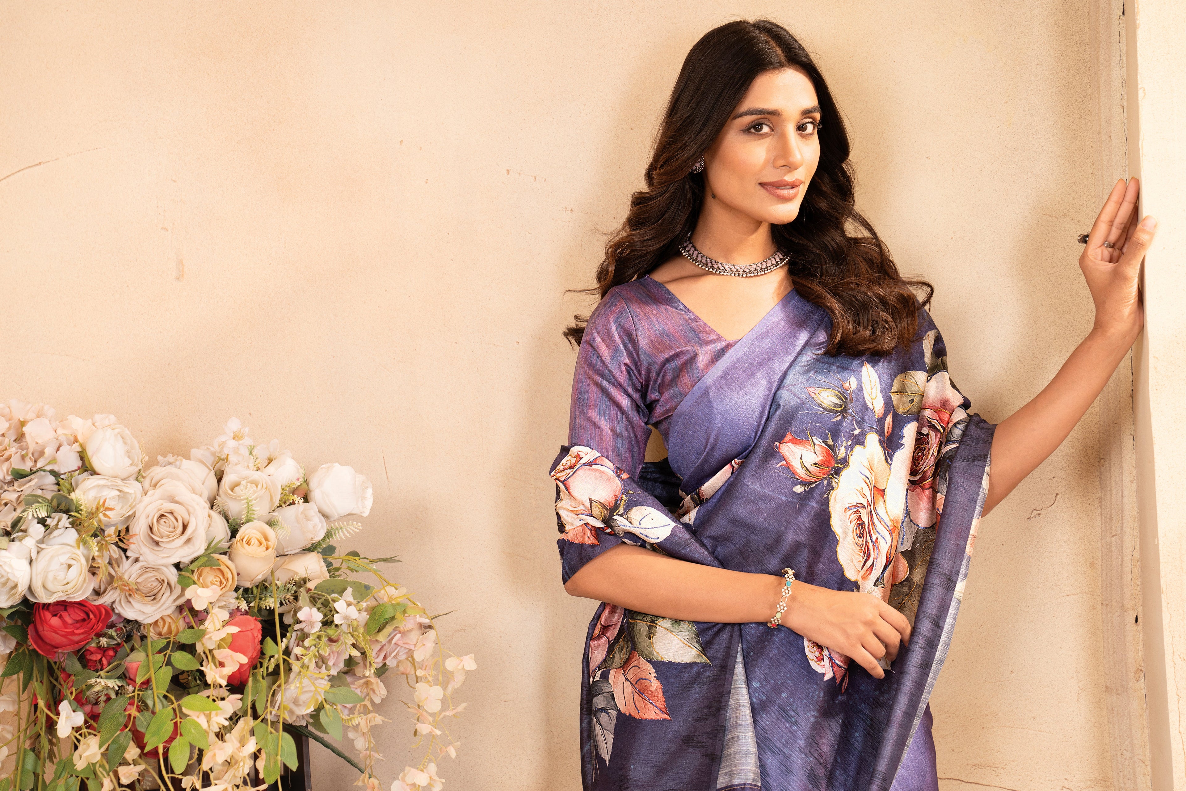 Lavender Tusser Silk Floral Digital Printed Saree