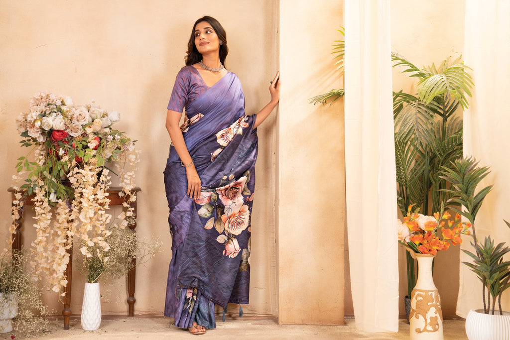 Lavender Tusser Silk Floral Digital Printed Saree
