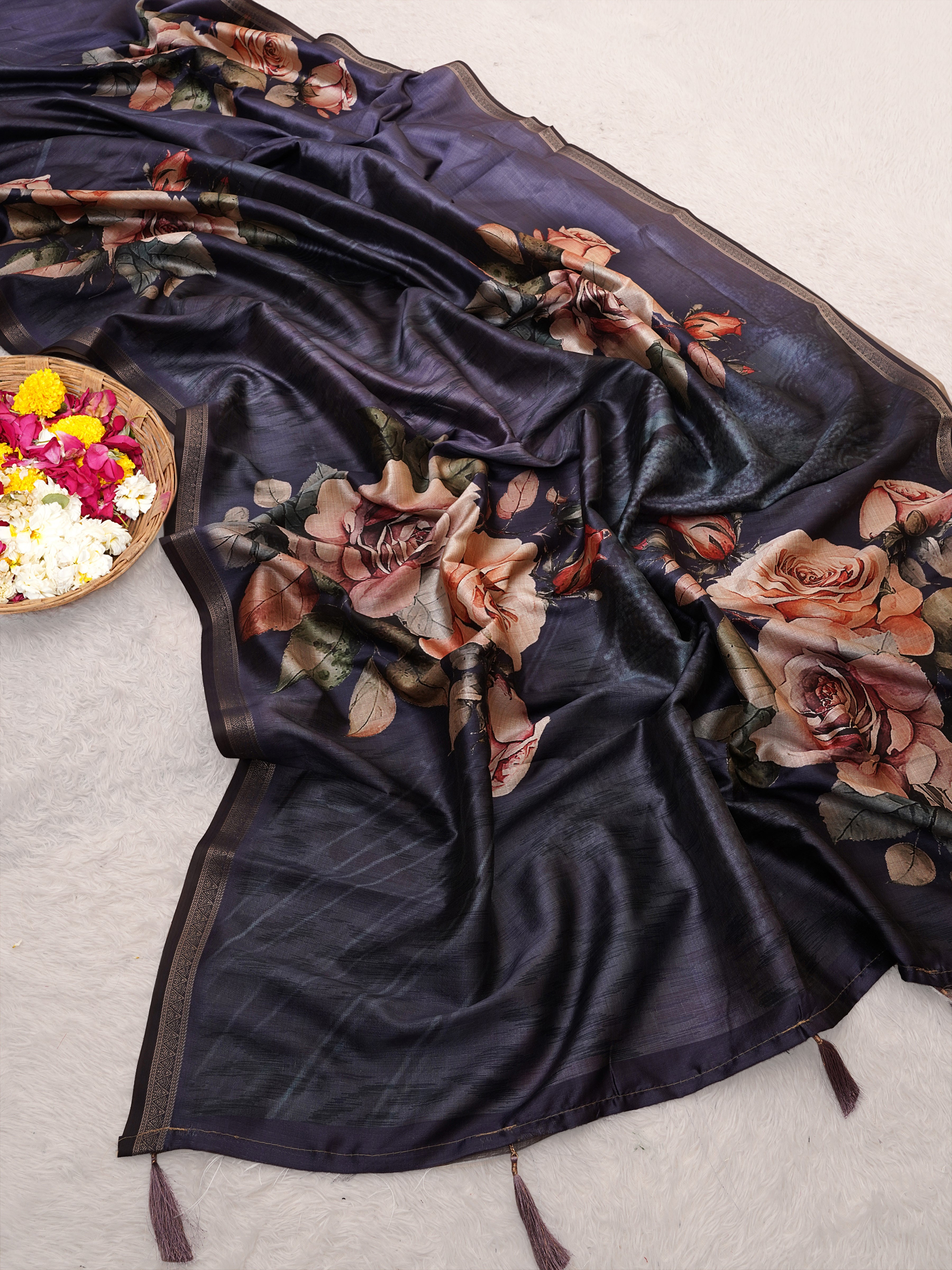 Lavender Tusser Silk Floral Digital Printed Saree