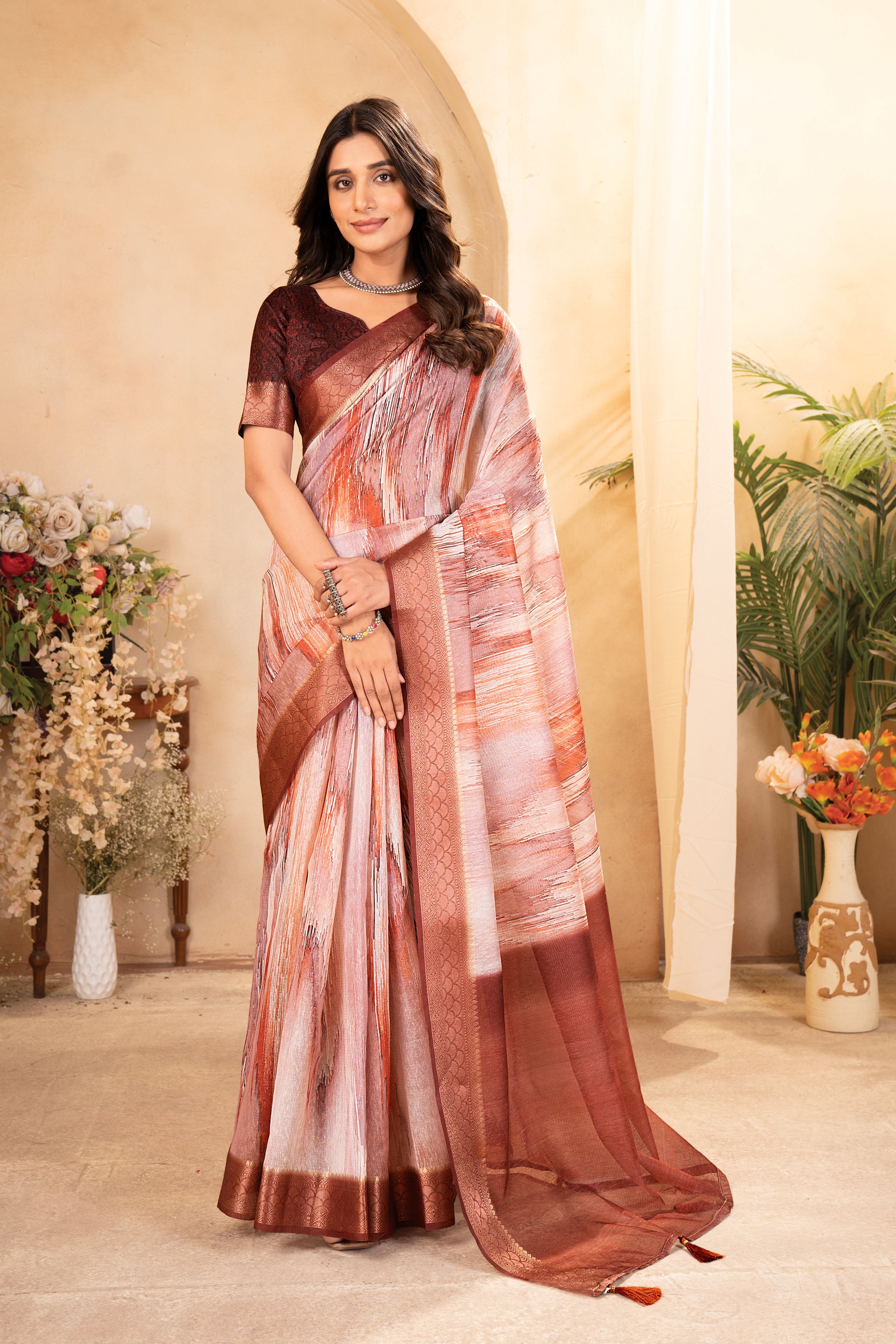 Rust Orange Tusser Silk Geomatric Digital Printed Saree
