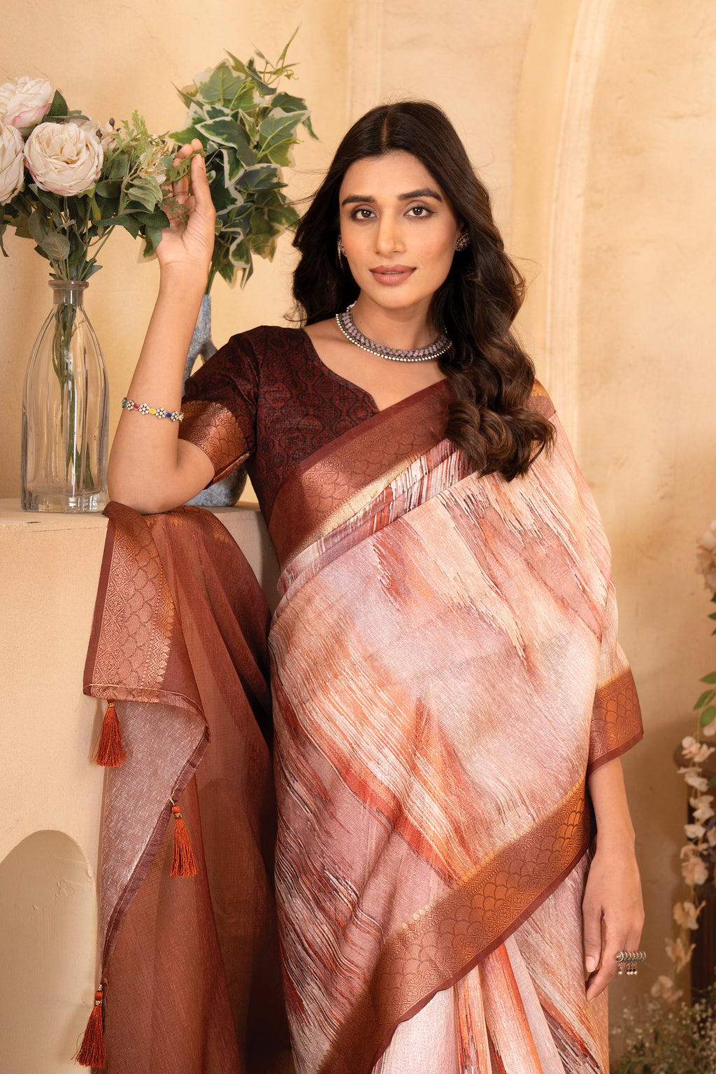 Rust Orange Tusser Silk Geomatric Digital Printed Saree