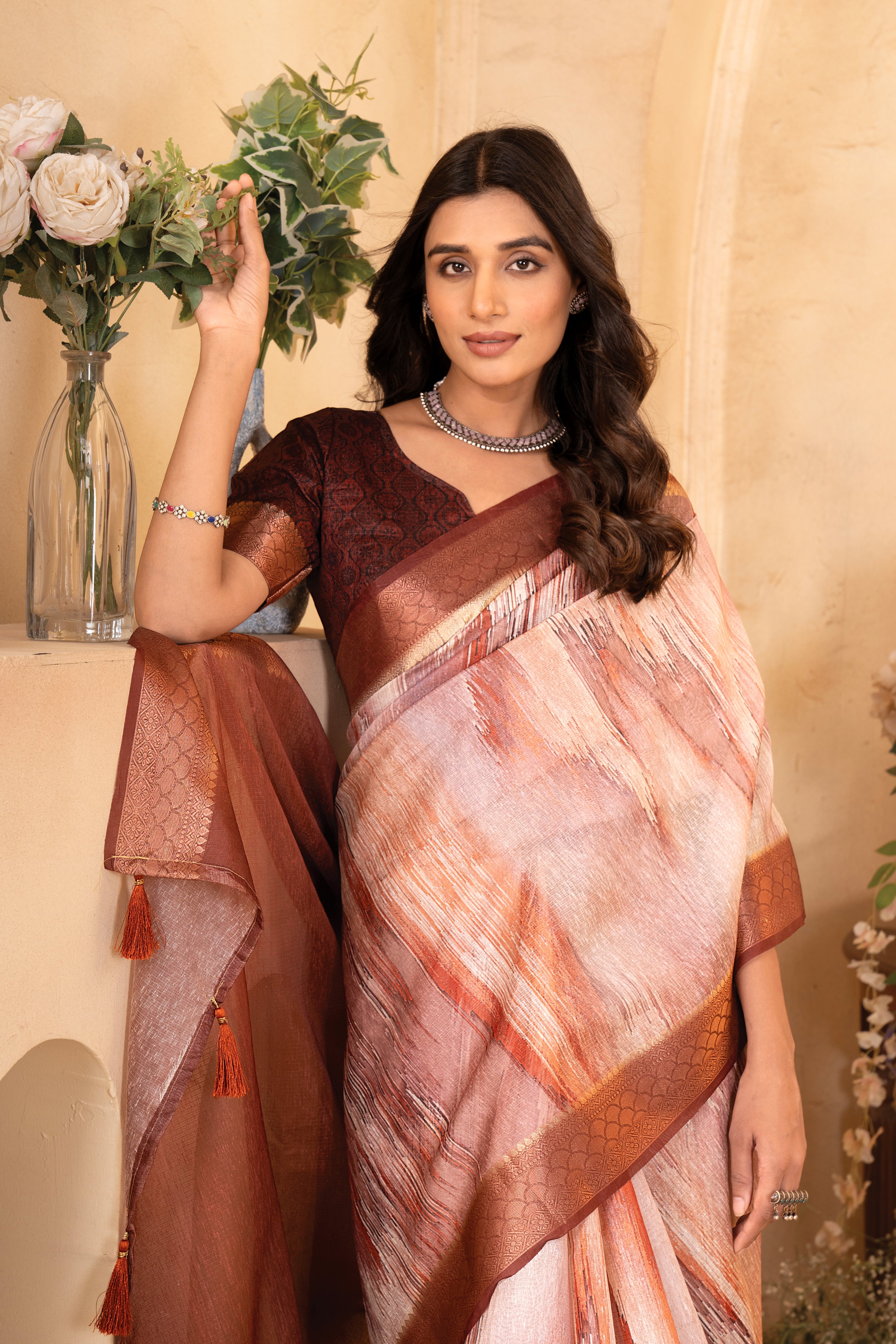 Rust Orange Tusser Silk Geomatric Digital Printed Saree