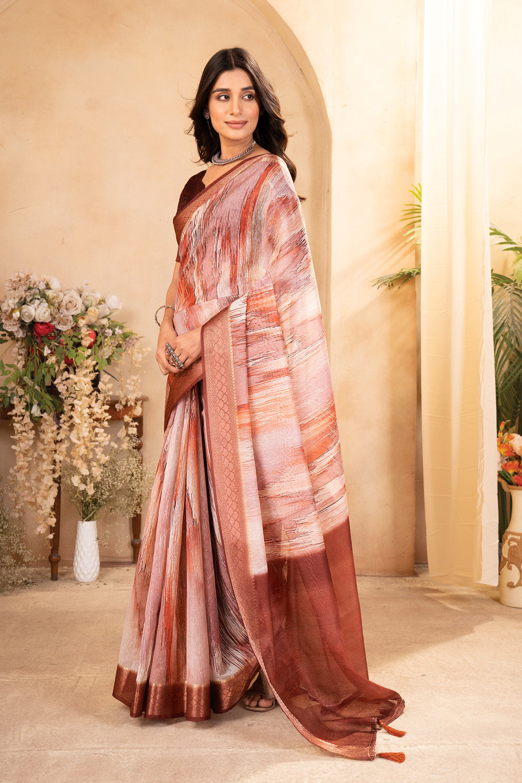 Rust Orange Tusser Silk Geomatric Digital Printed Saree