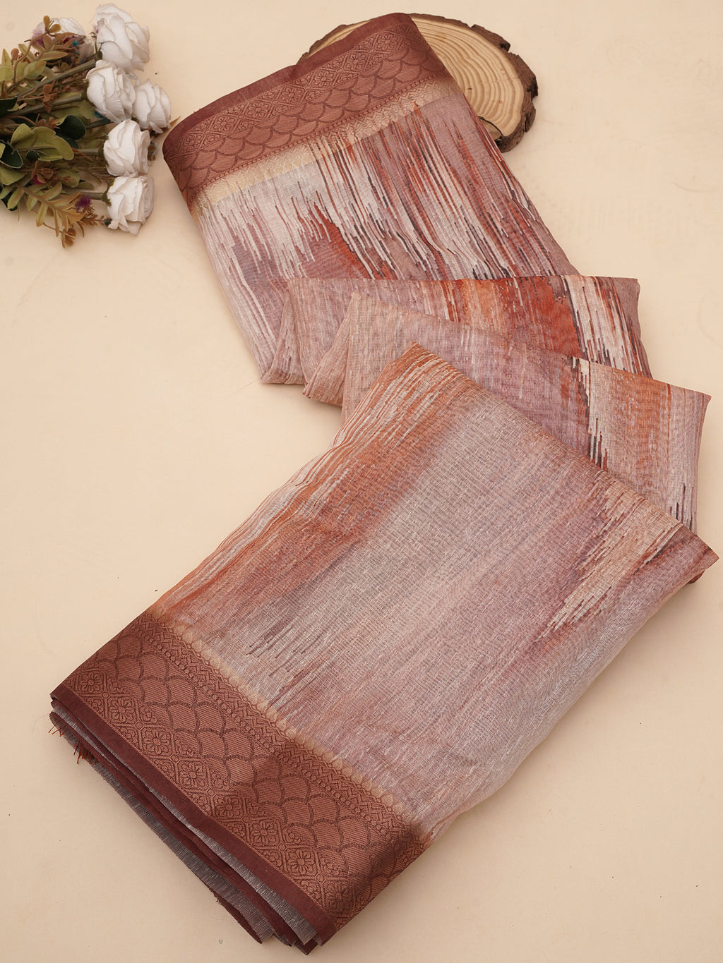 Rust Orange Tusser Silk Geomatric Digital Printed Saree