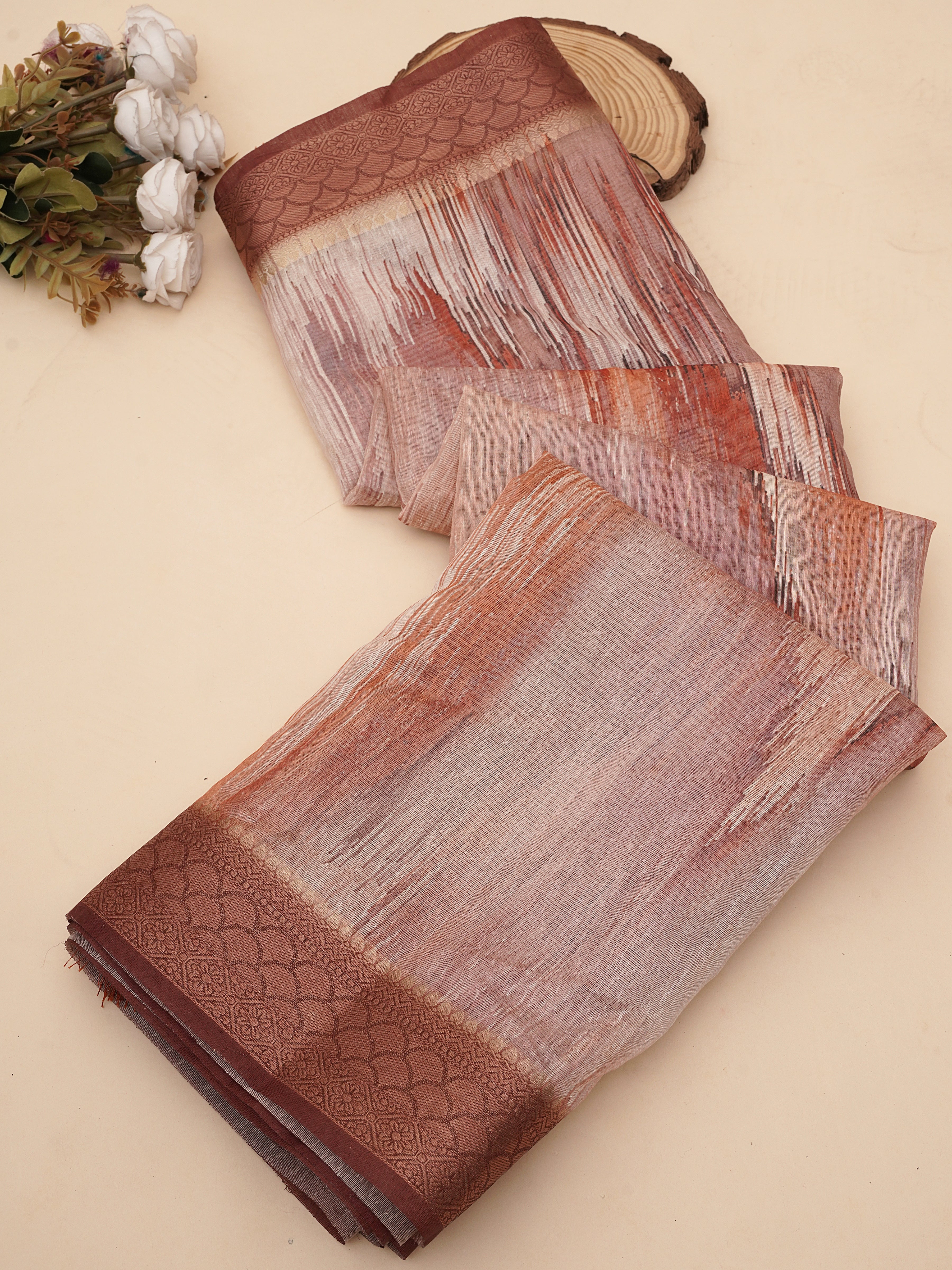 Rust Orange Tusser Silk Geomatric Digital Printed Saree