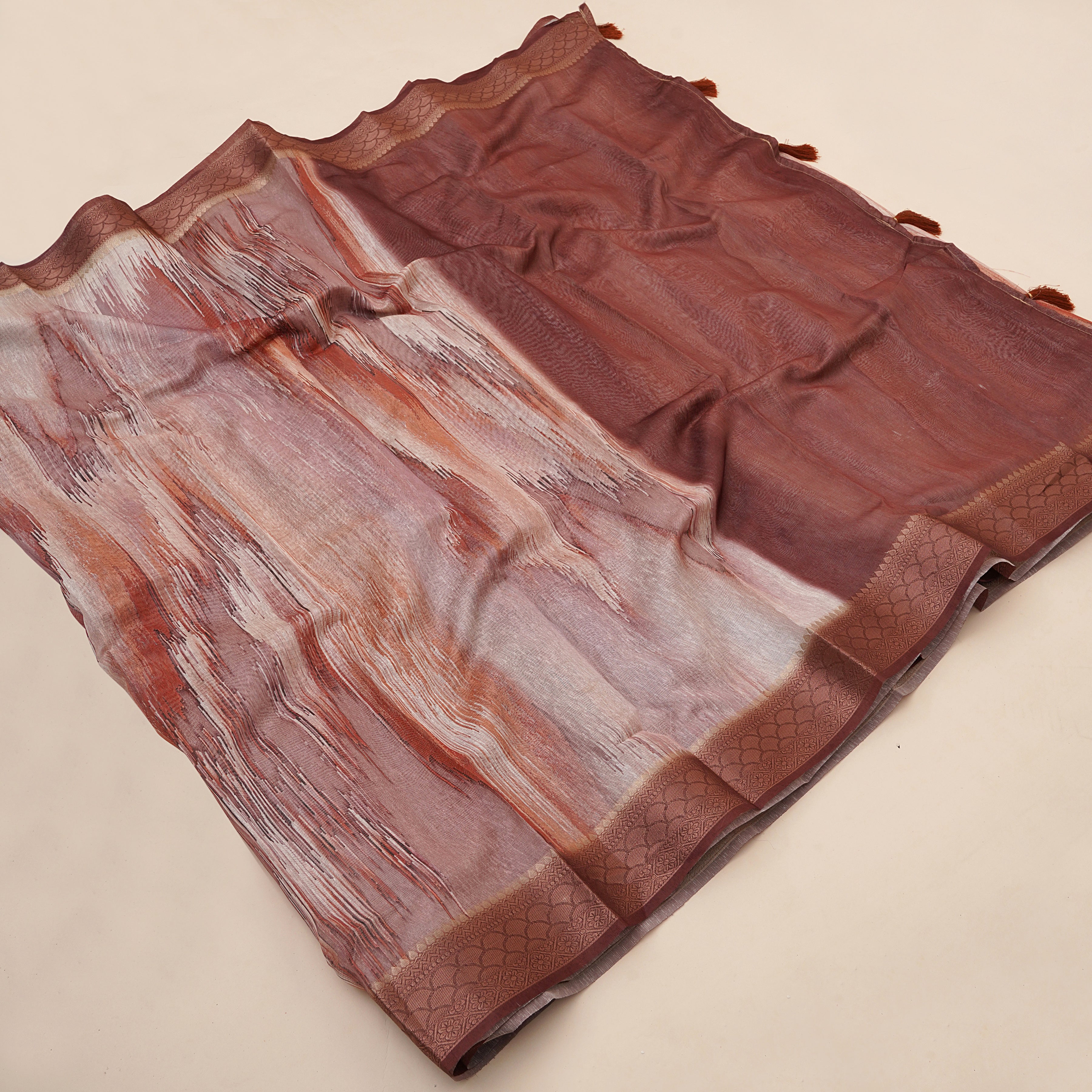 Rust Orange Tusser Silk Geomatric Digital Printed Saree