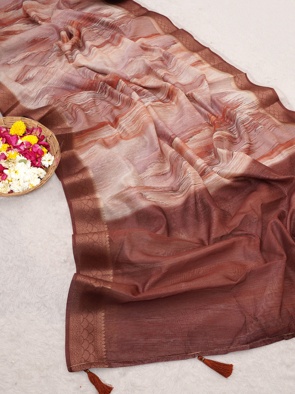 Rust Orange Tusser Silk Geomatric Digital Printed Saree