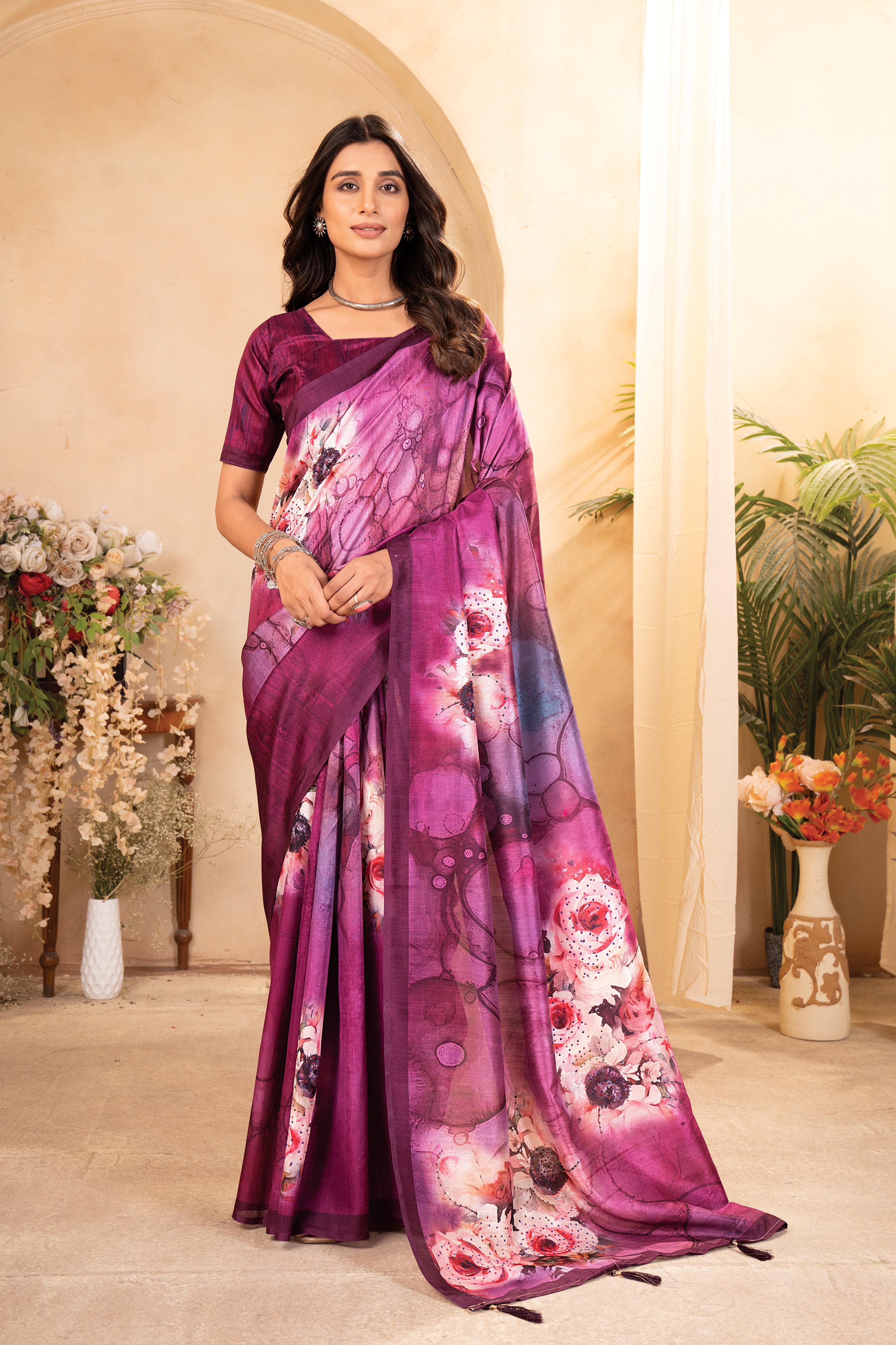 Purple Tusser Silk Floral Digital Printed Saree