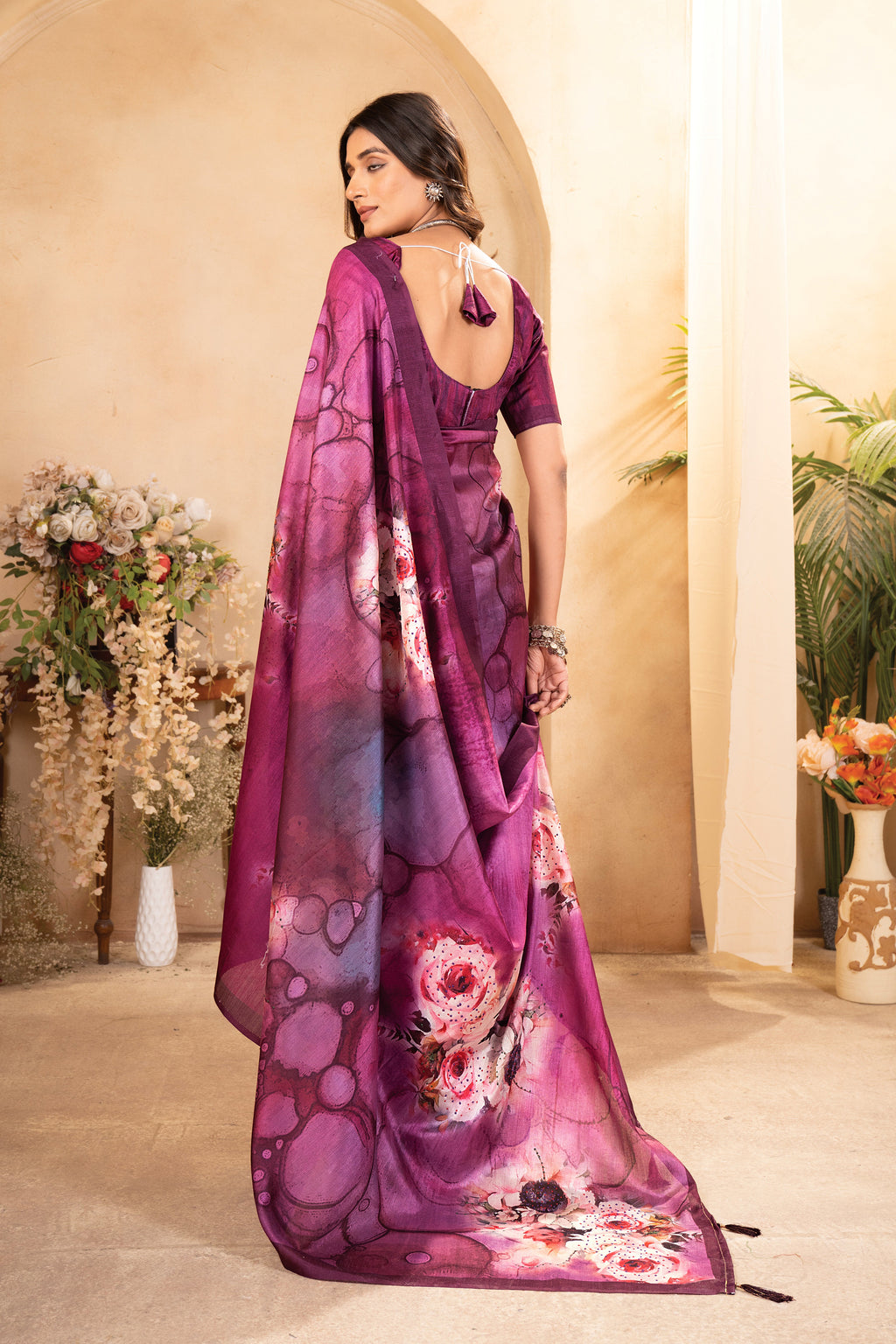 Purple Tusser Silk Floral Digital Printed Saree
