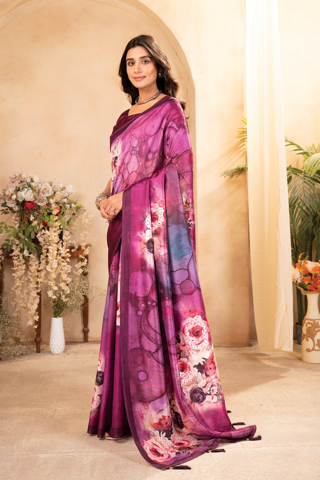 Purple Tusser Silk Floral Digital Printed Saree