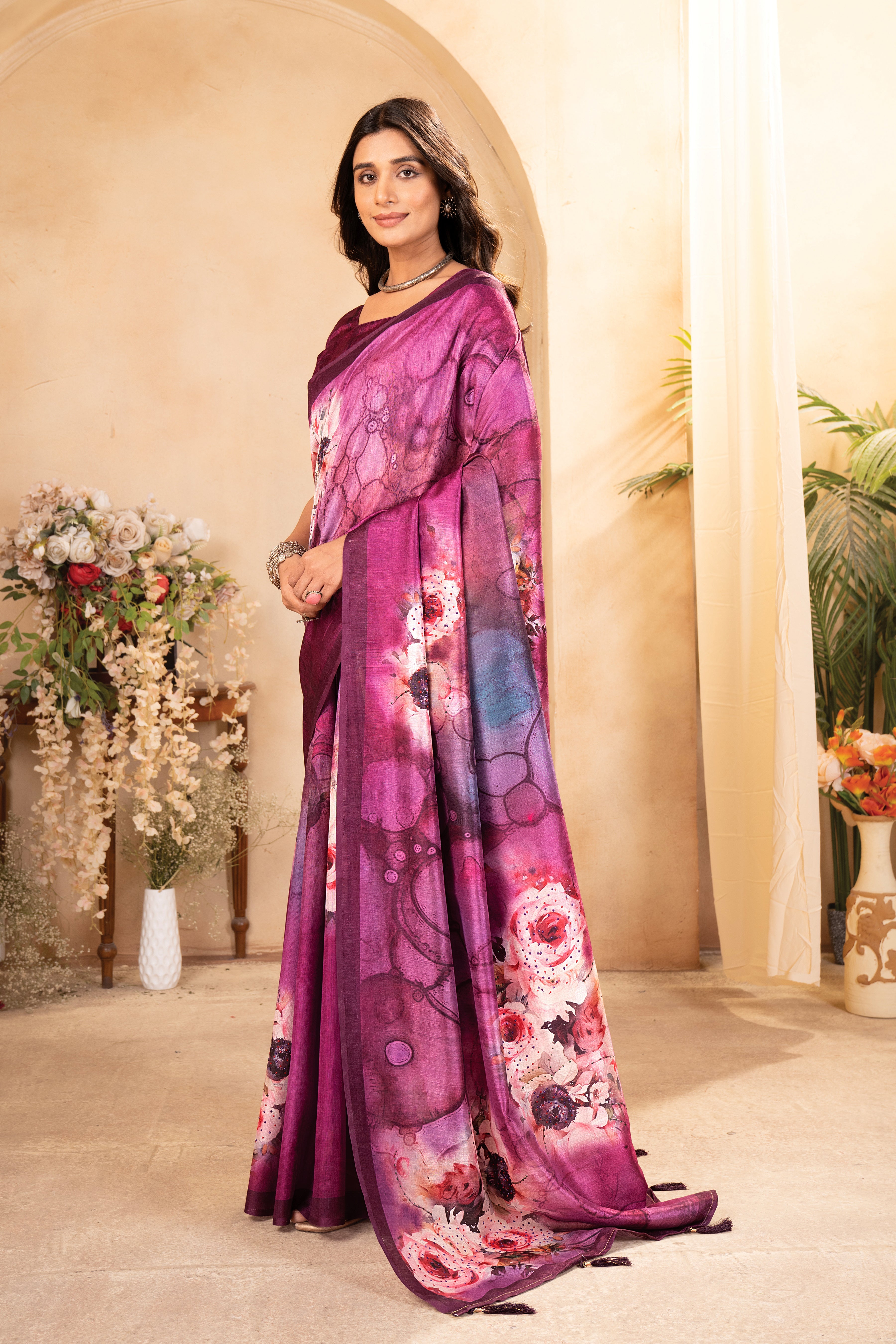 Purple Tusser Silk Floral Digital Printed Saree