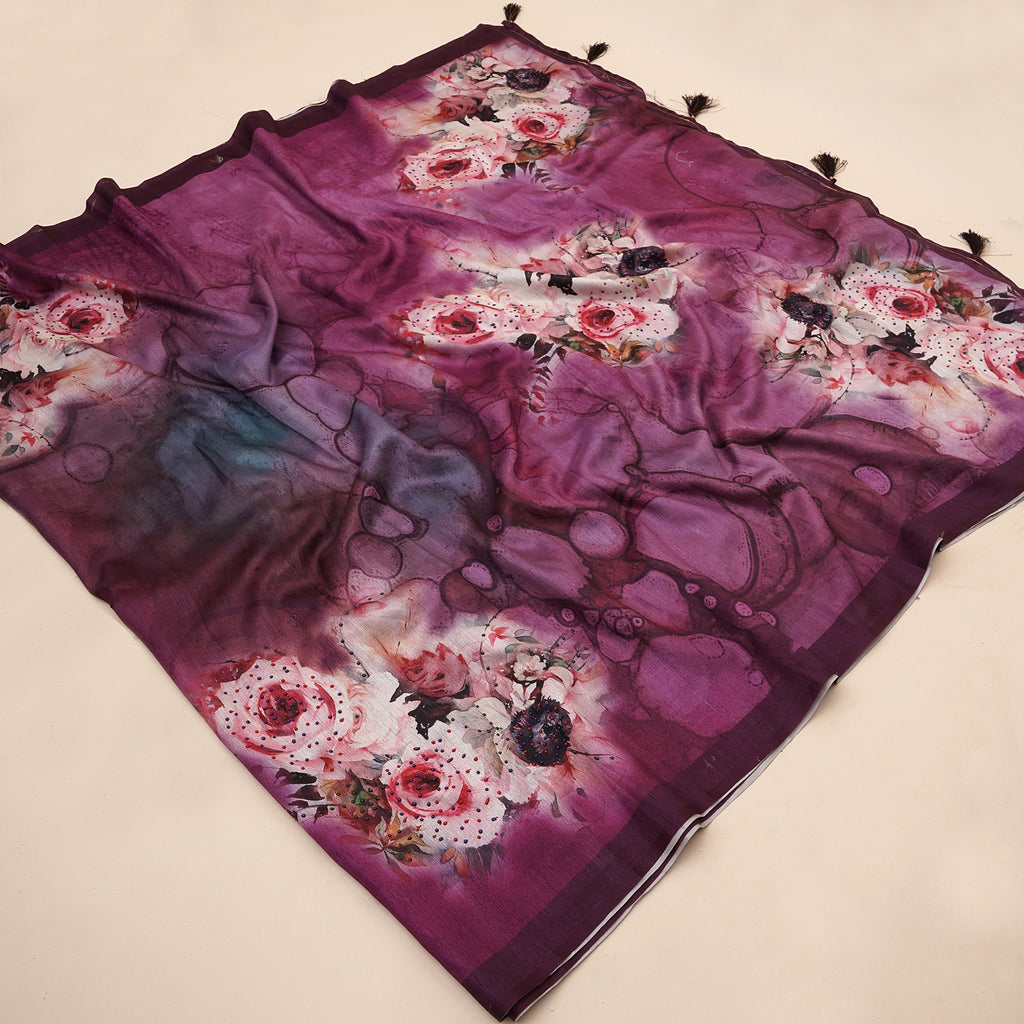 Purple Tusser Silk Floral Digital Printed Saree
