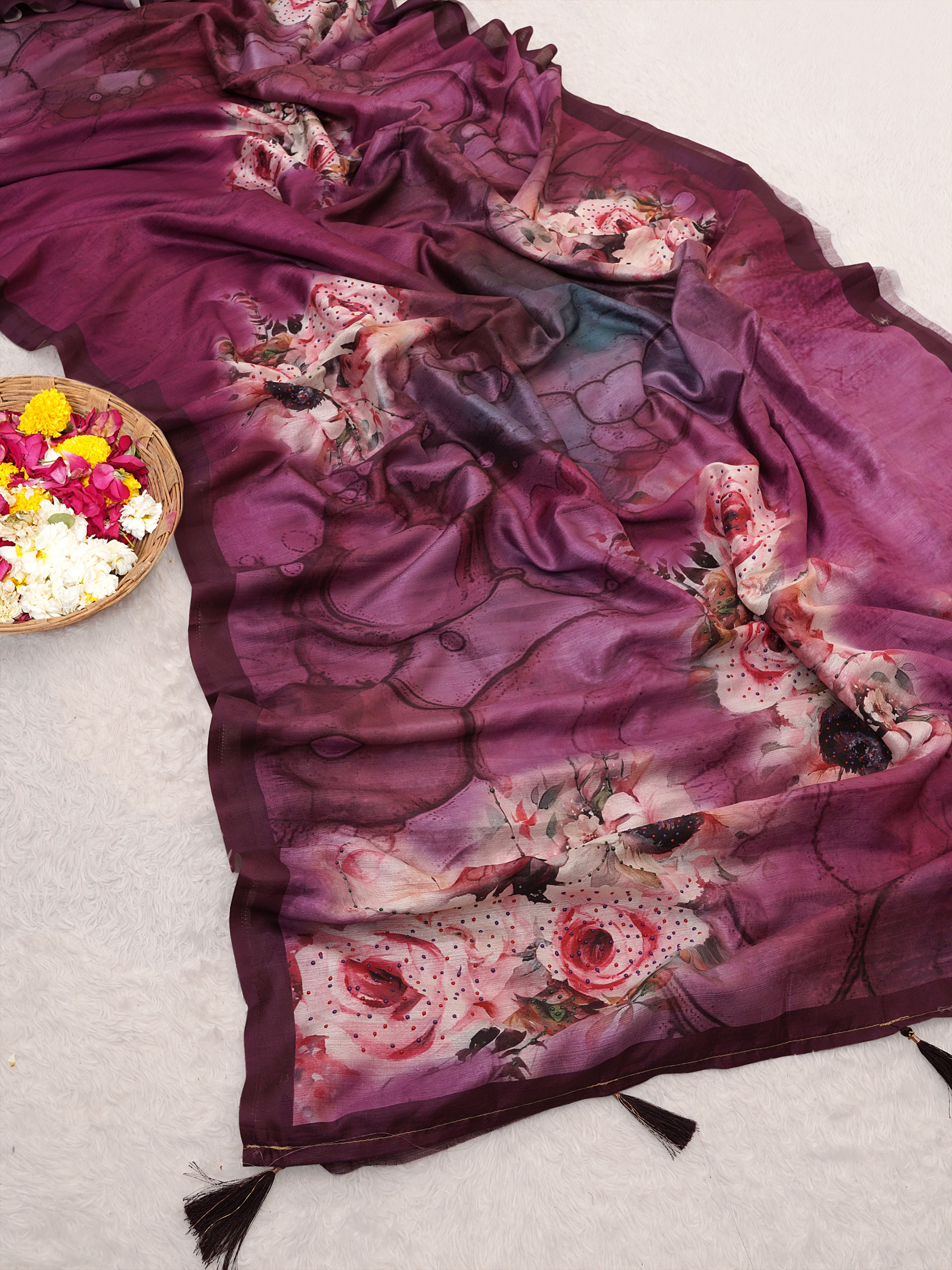 Purple Tusser Silk Floral Digital Printed Saree