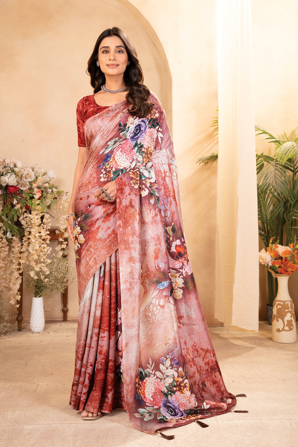 Orange Tusser Silk Floral Digital Printed Saree