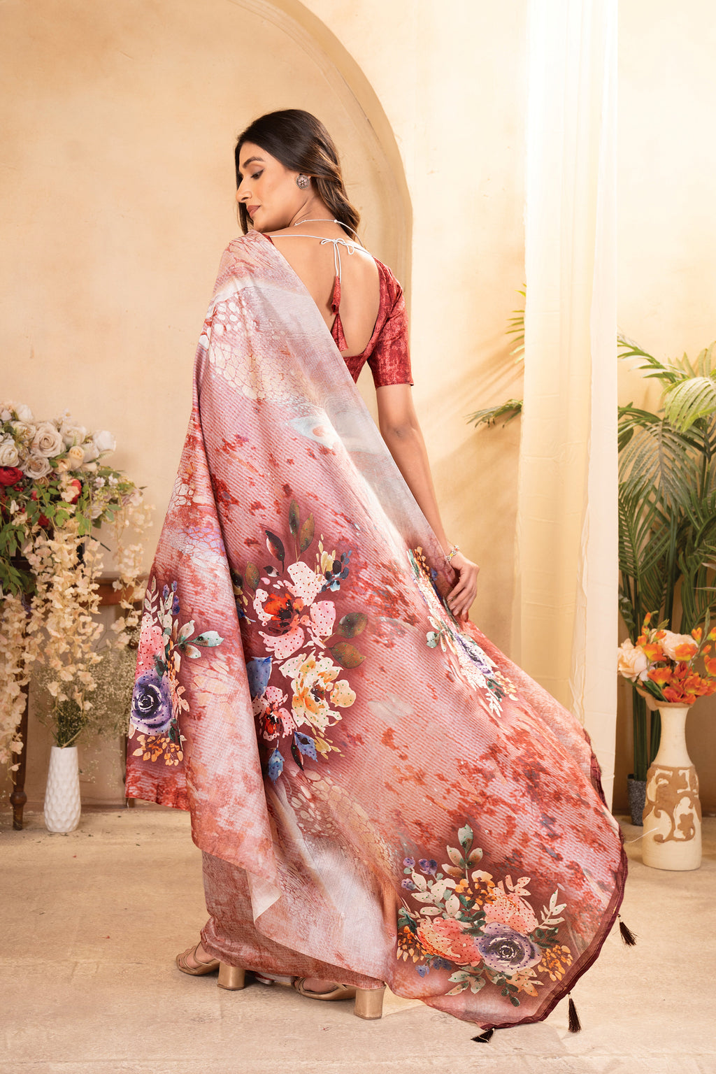 Orange Tusser Silk Floral Digital Printed Saree