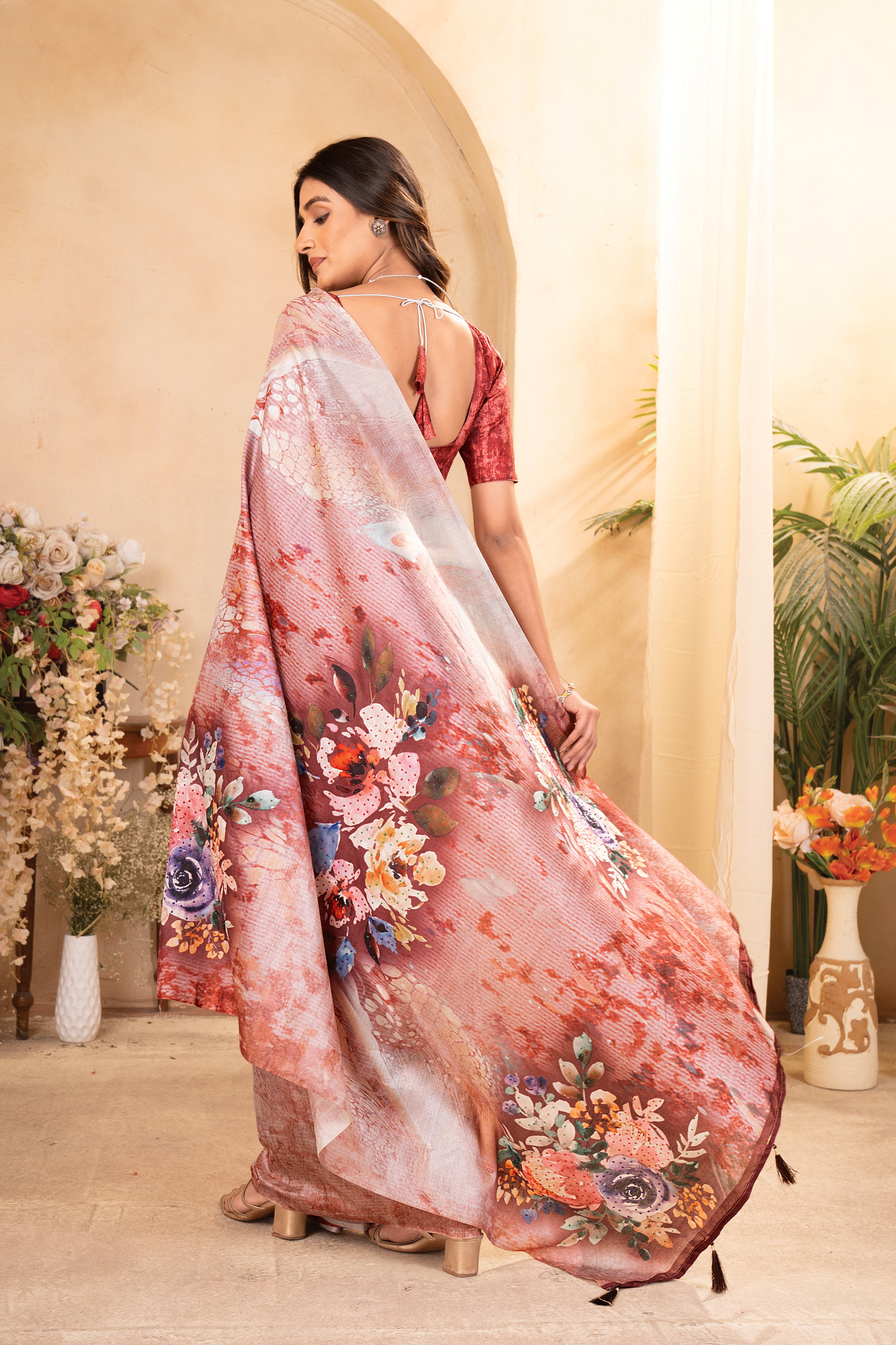 Orange Tusser Silk Floral Digital Printed Saree