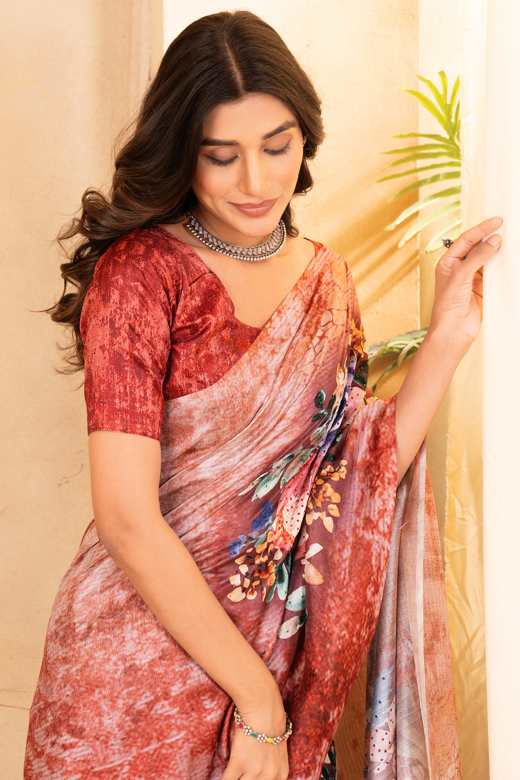 Orange Tusser Silk Floral Digital Printed Saree