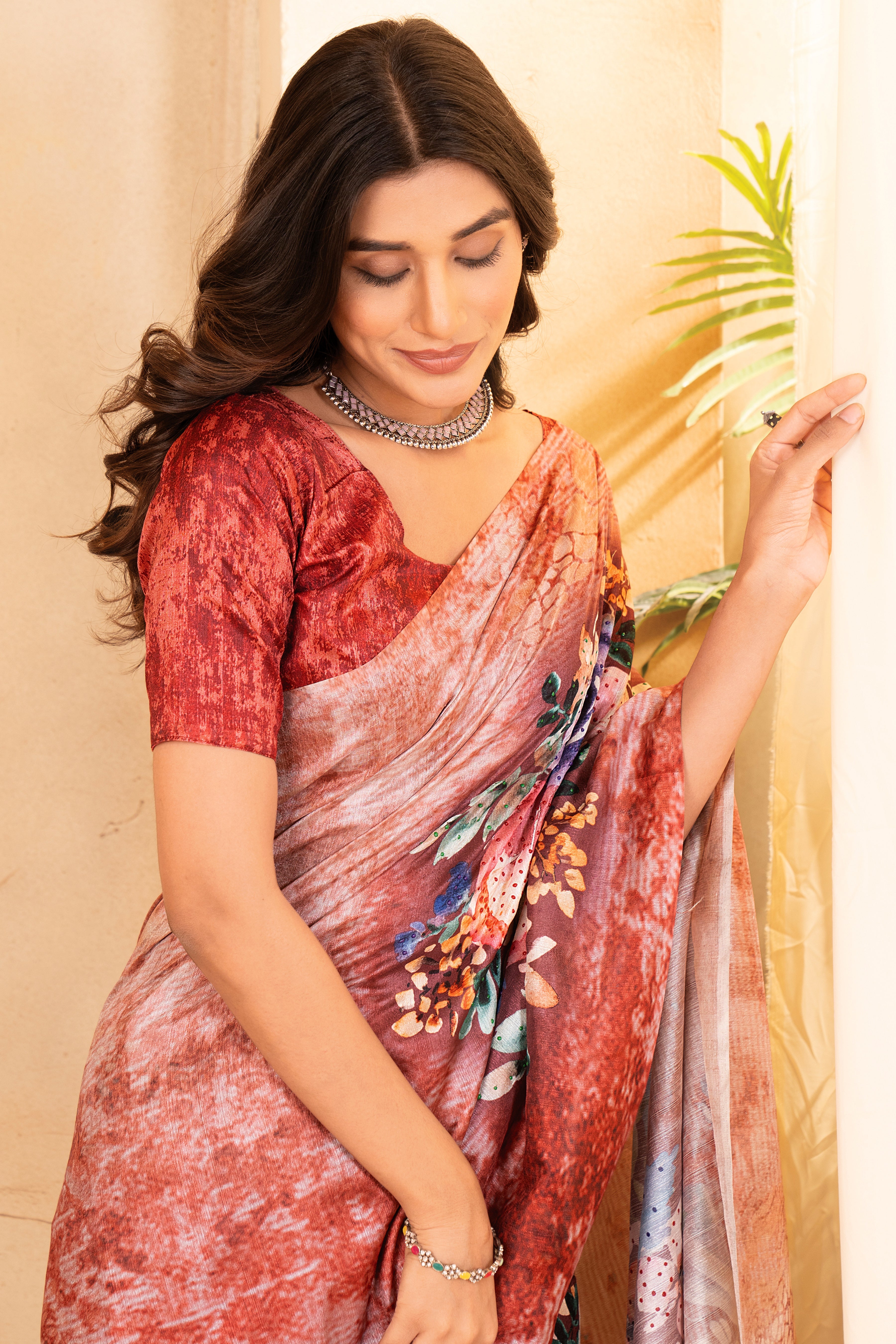 Orange Tusser Silk Floral Digital Printed Saree