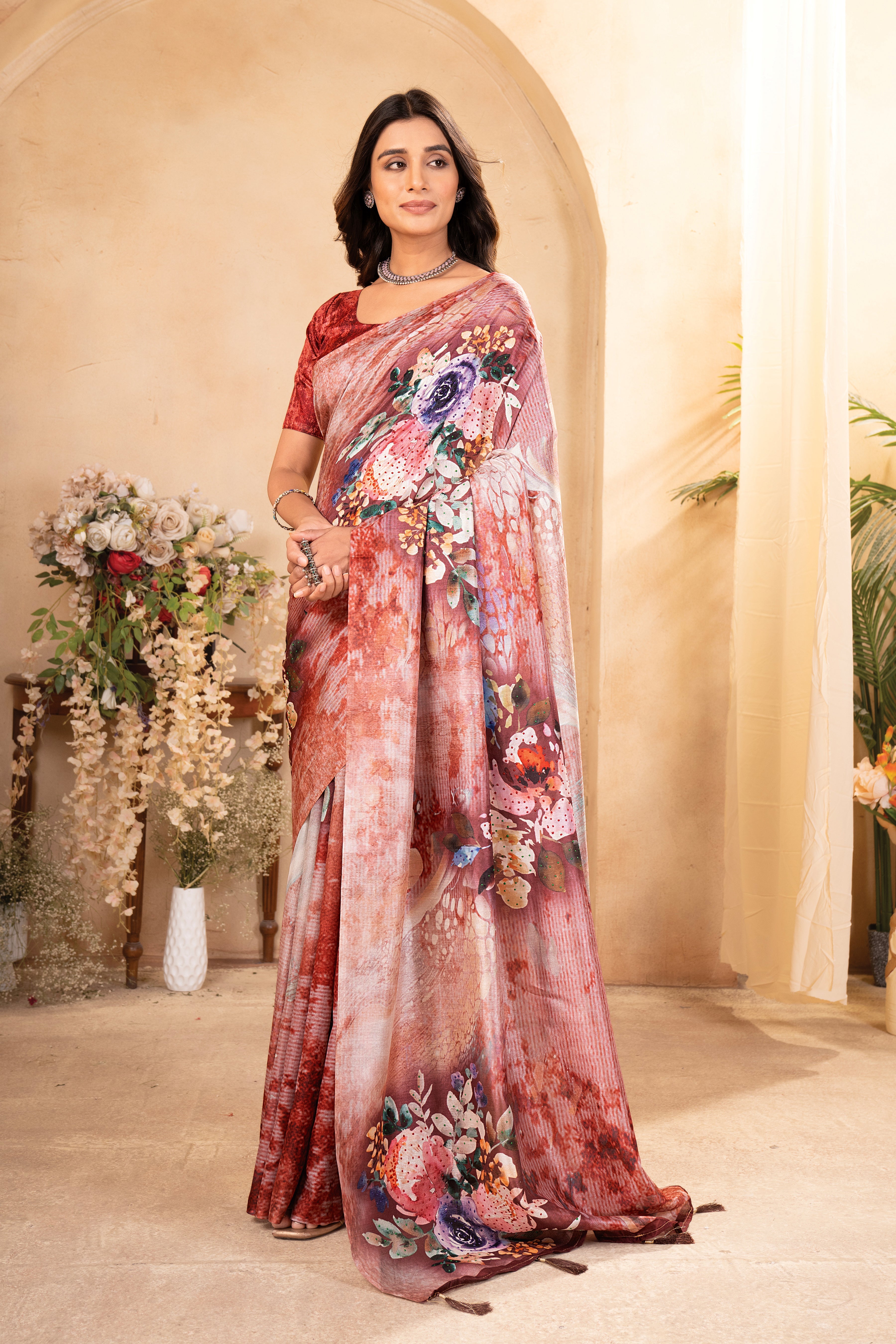 Orange Tusser Silk Floral Digital Printed Saree