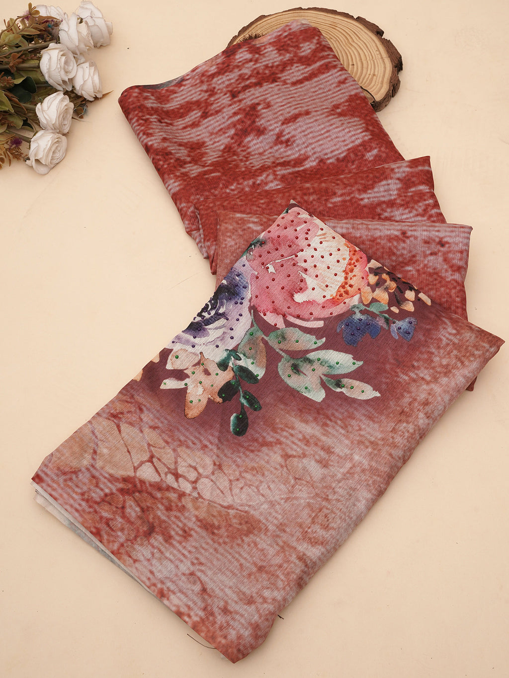 Orange Tusser Silk Floral Digital Printed Saree