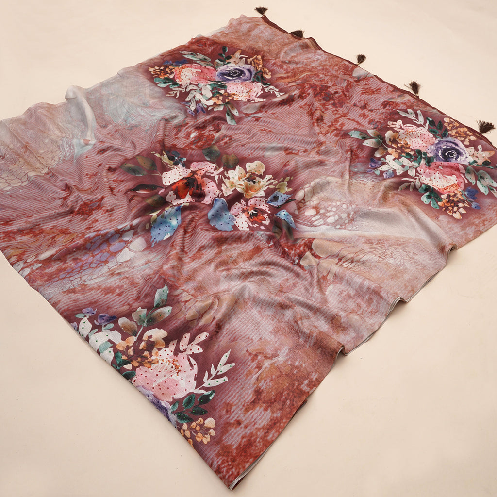 Orange Tusser Silk Floral Digital Printed Saree