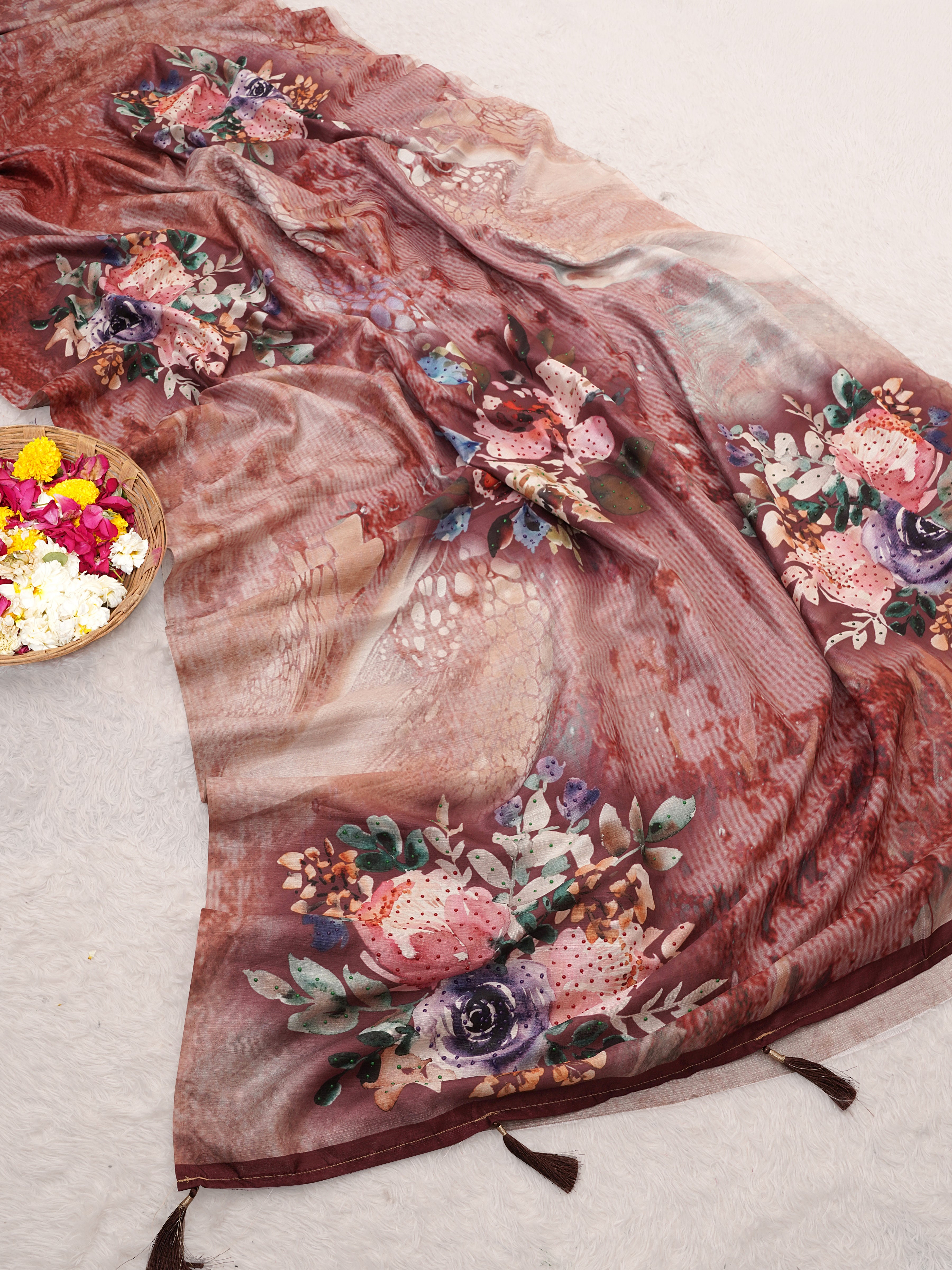 Orange Tusser Silk Floral Digital Printed Saree