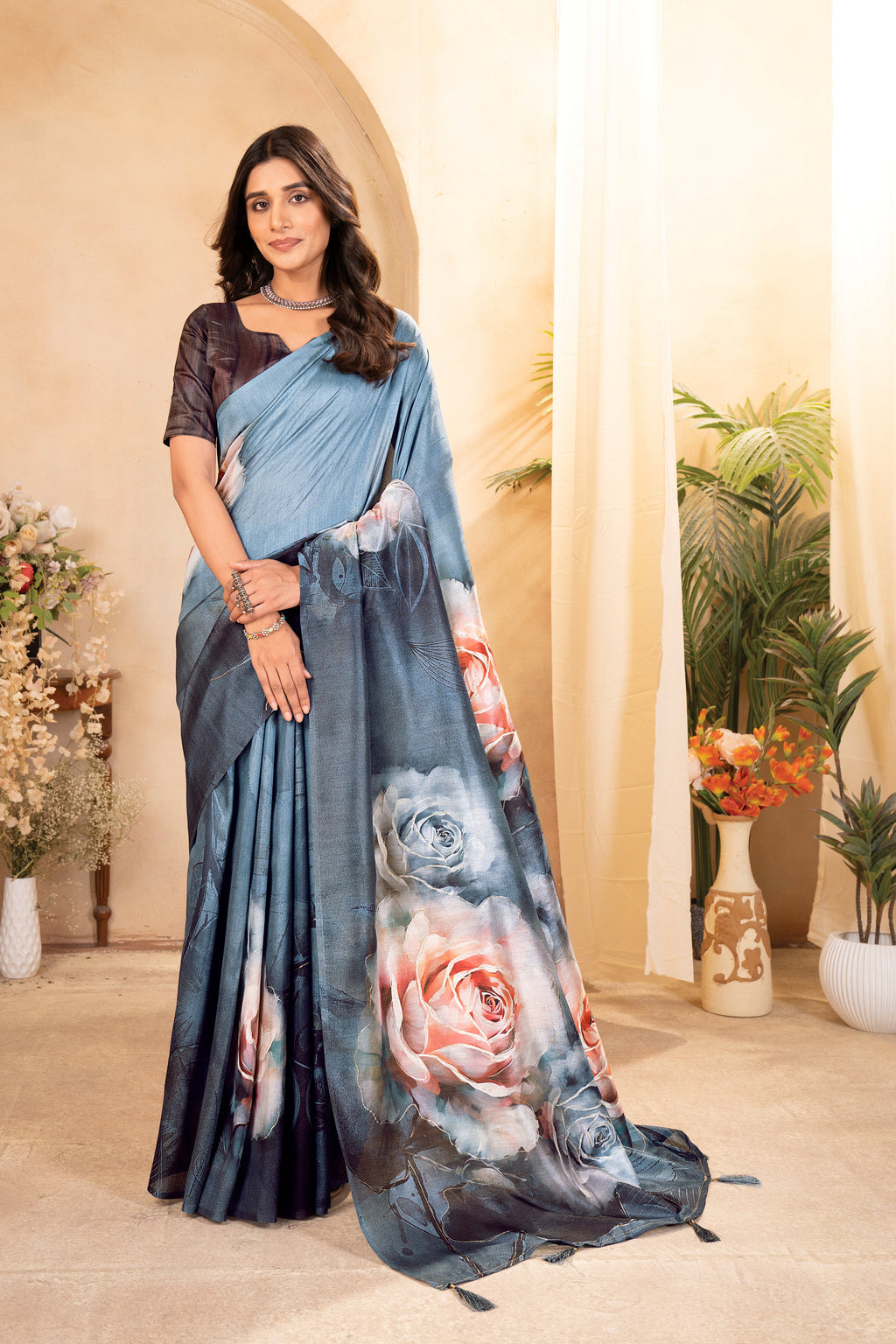 Sea Blue Tusser Silk Floral Digital Printed Saree