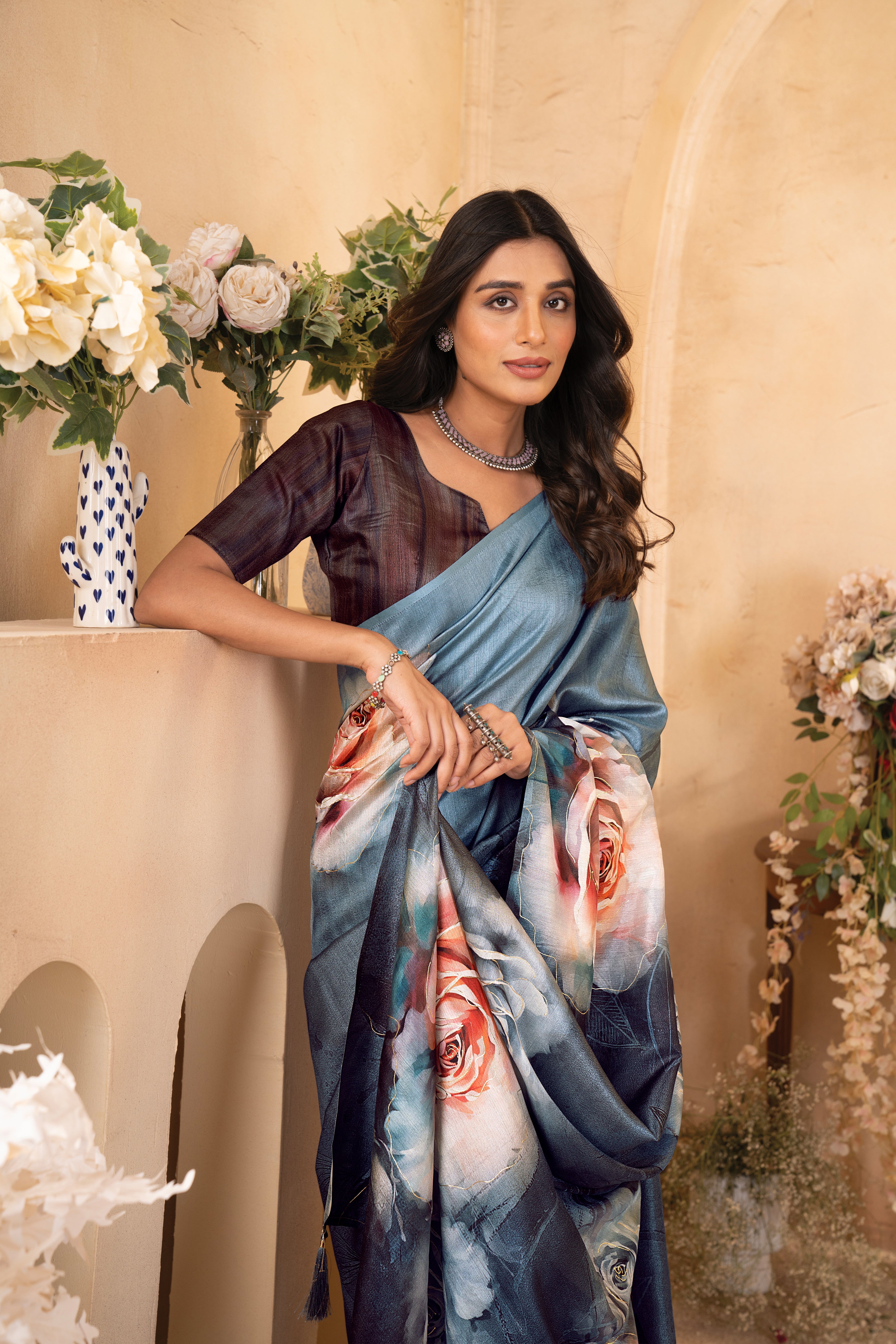 Sea Blue Tusser Silk Floral Digital Printed Saree