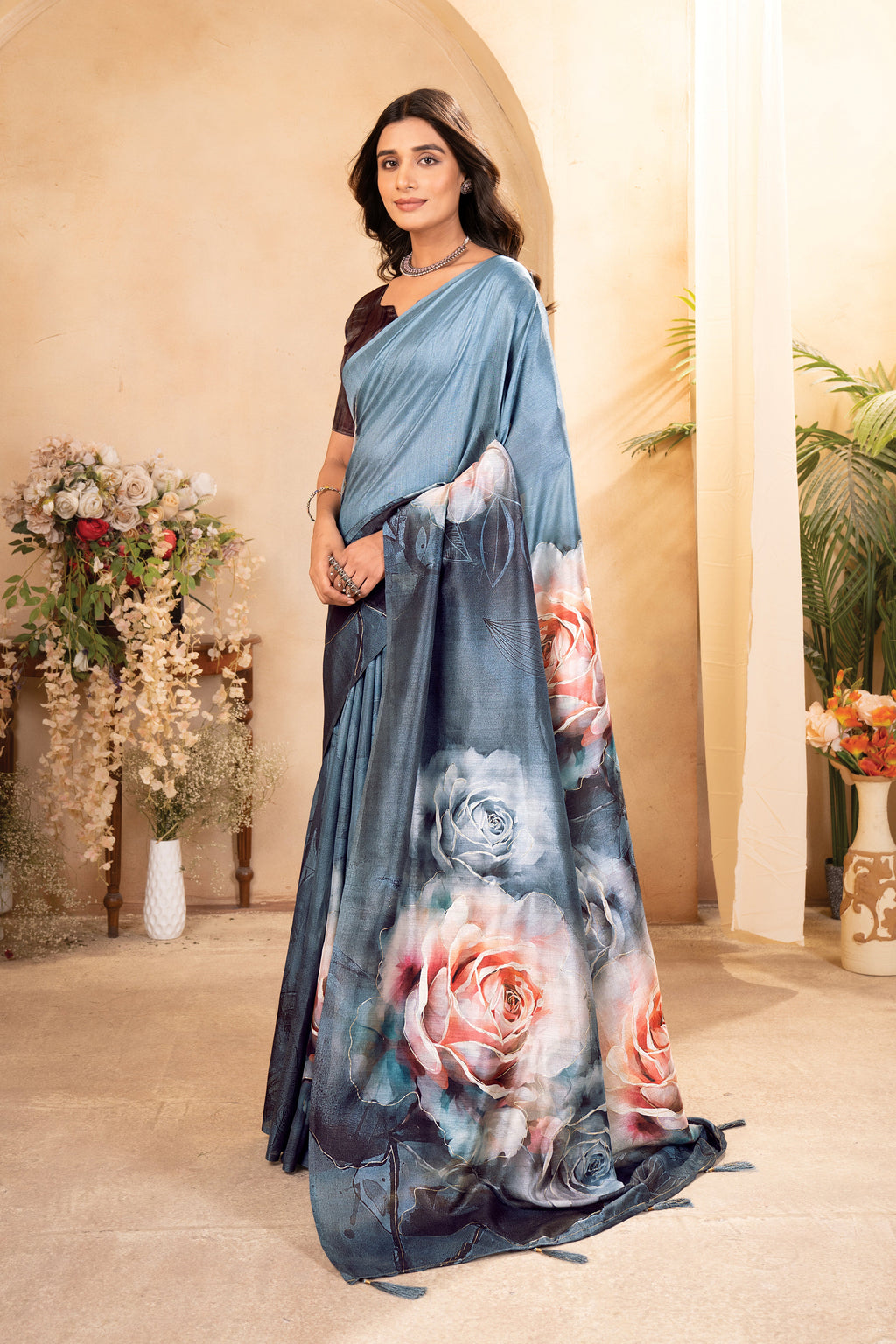 Sea Blue Tusser Silk Floral Digital Printed Saree