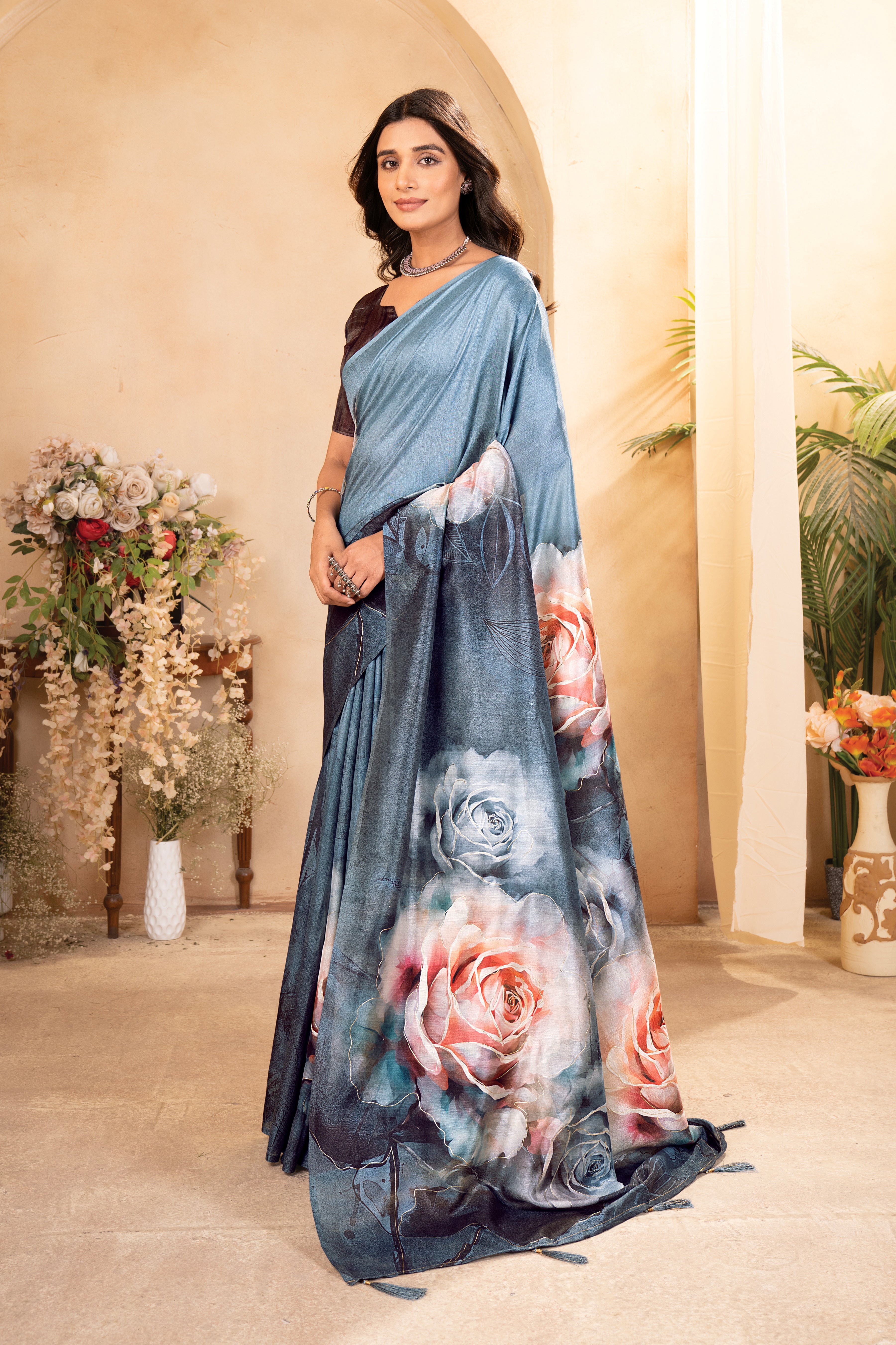 Sea Blue Tusser Silk Floral Digital Printed Saree
