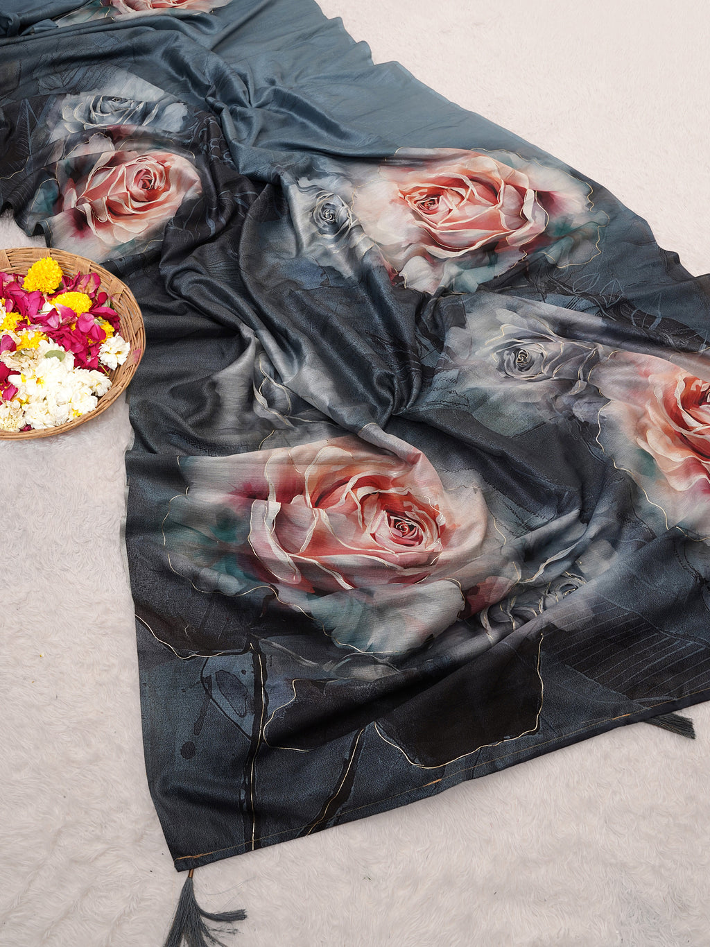 Sea Blue Tusser Silk Floral Digital Printed Saree