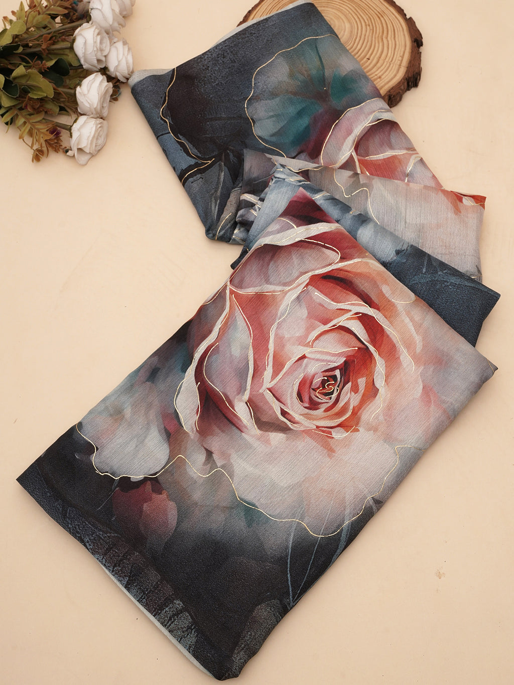 Sea Blue Tusser Silk Floral Digital Printed Saree