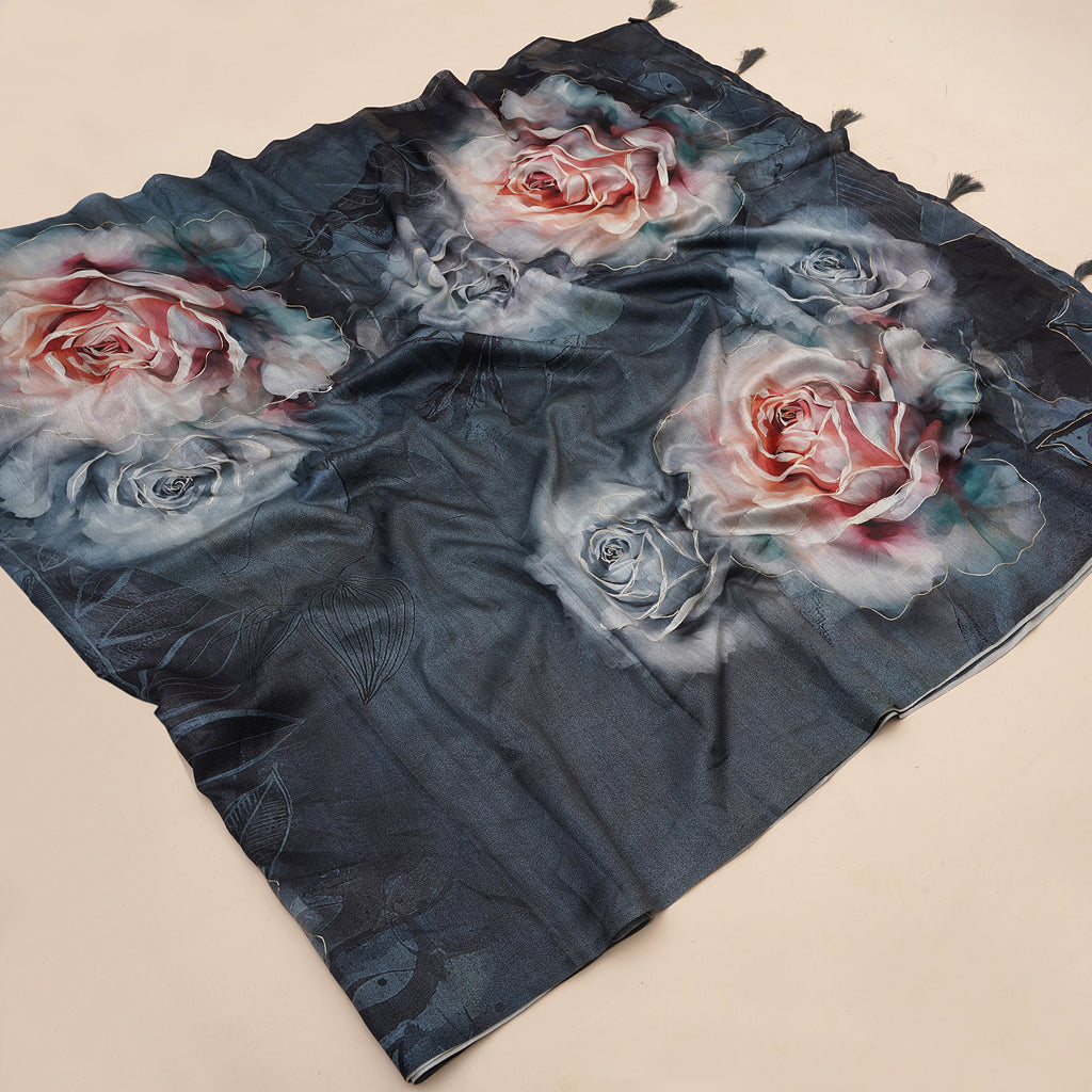 Sea Blue Tusser Silk Floral Digital Printed Saree