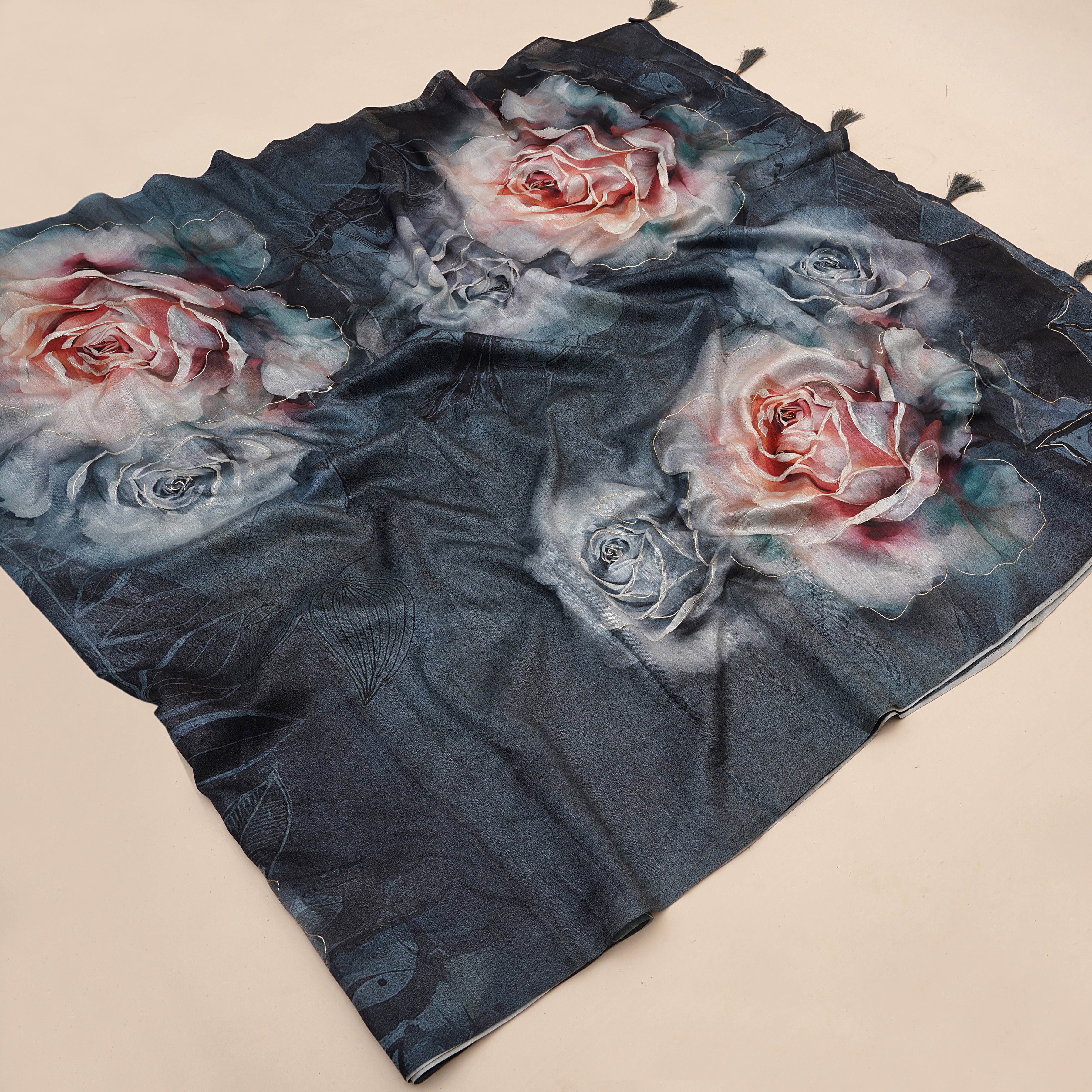 Sea Blue Tusser Silk Floral Digital Printed Saree