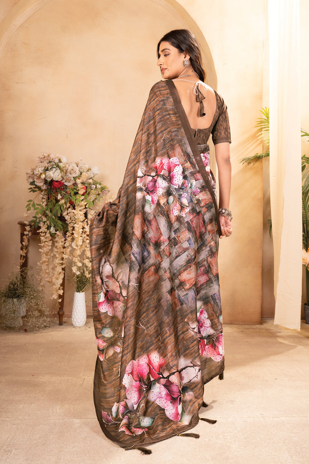 Brown Tusser Silk Floral Digital Printed Saree