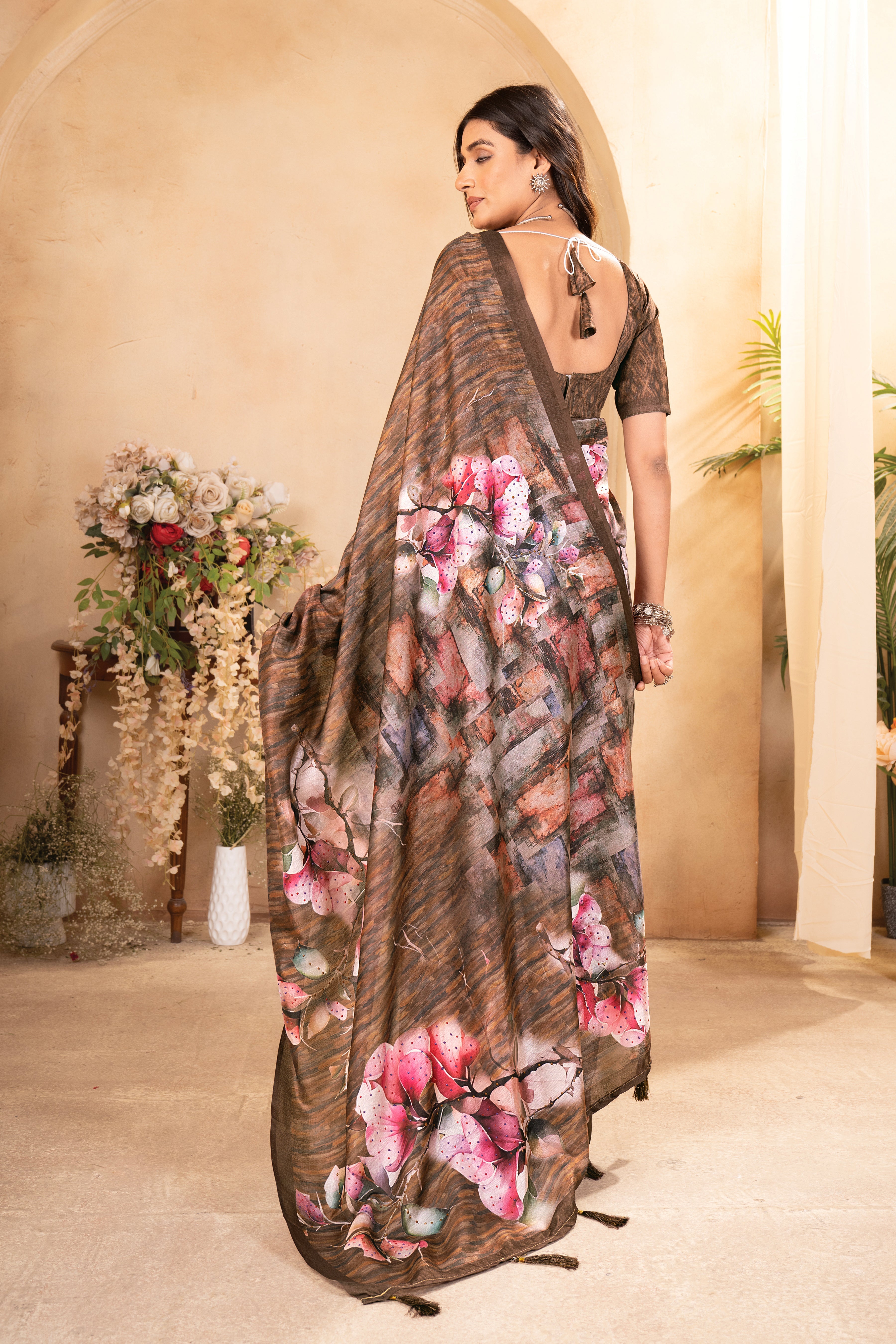 Brown Tusser Silk Floral Digital Printed Saree