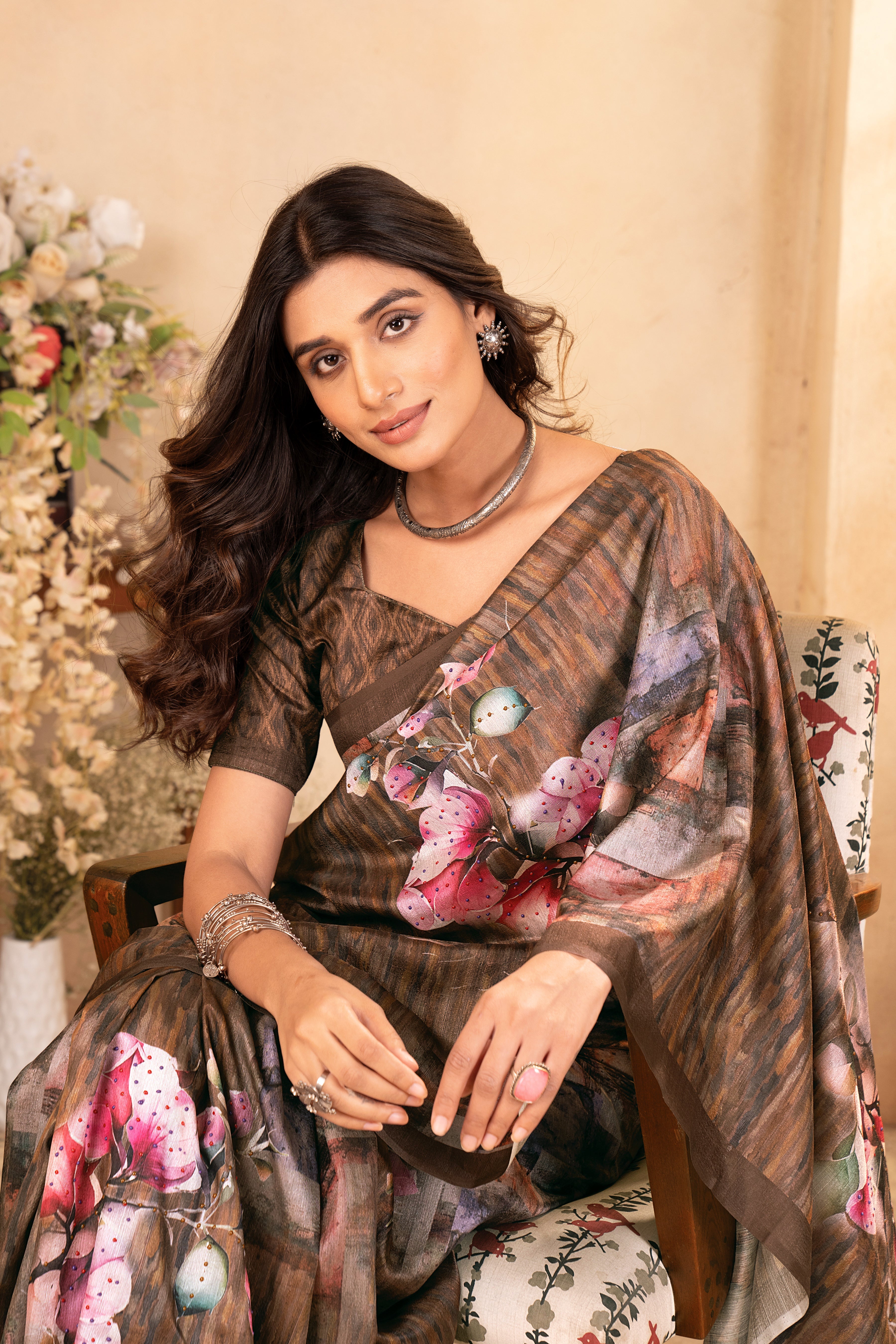 Brown Tusser Silk Floral Digital Printed Saree
