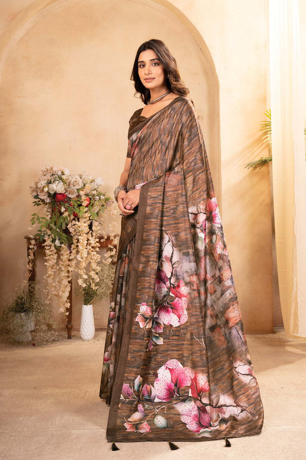 Brown Tusser Silk Floral Digital Printed Saree