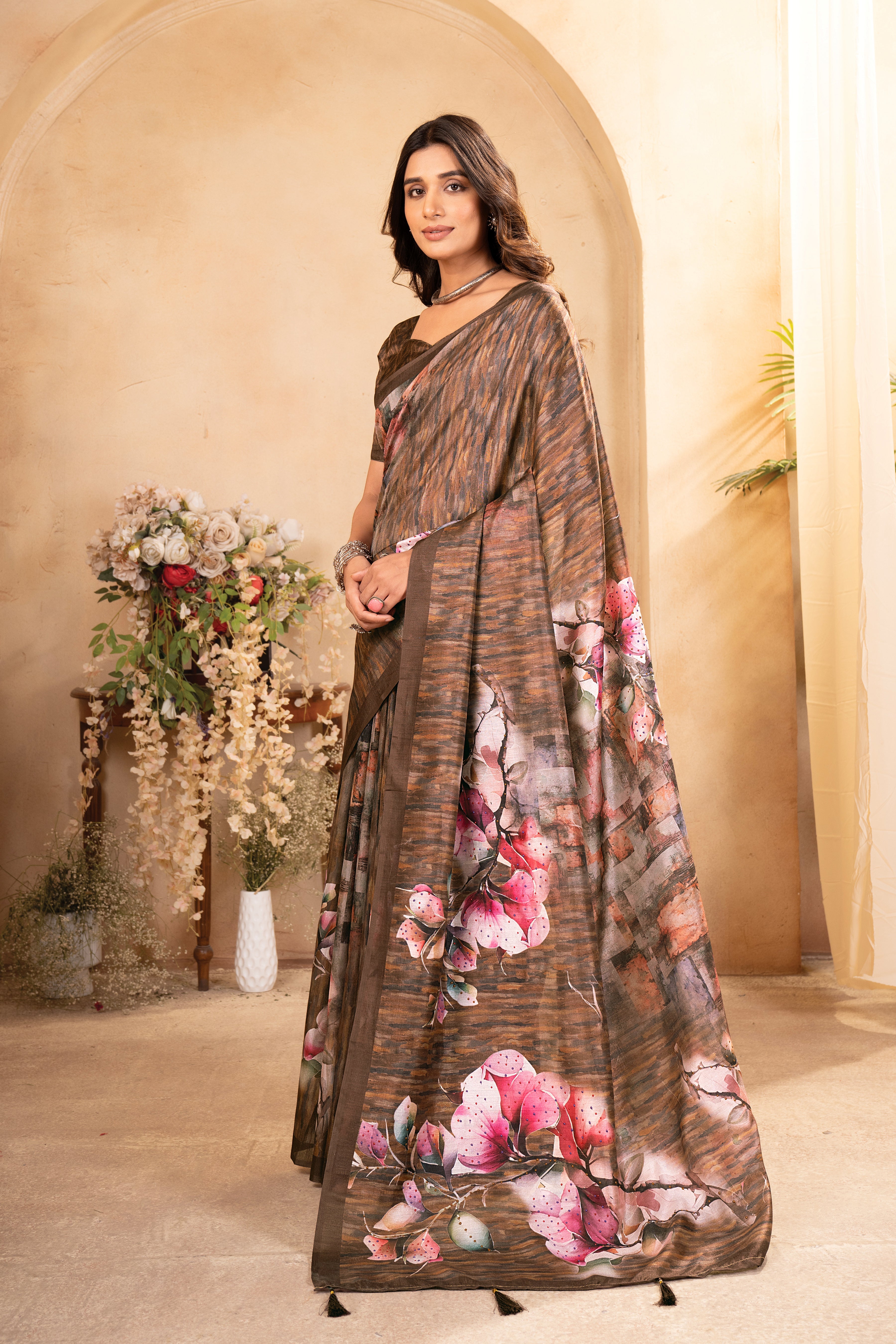 Brown Tusser Silk Floral Digital Printed Saree