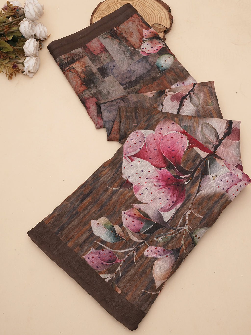 Brown Tusser Silk Floral Digital Printed Saree