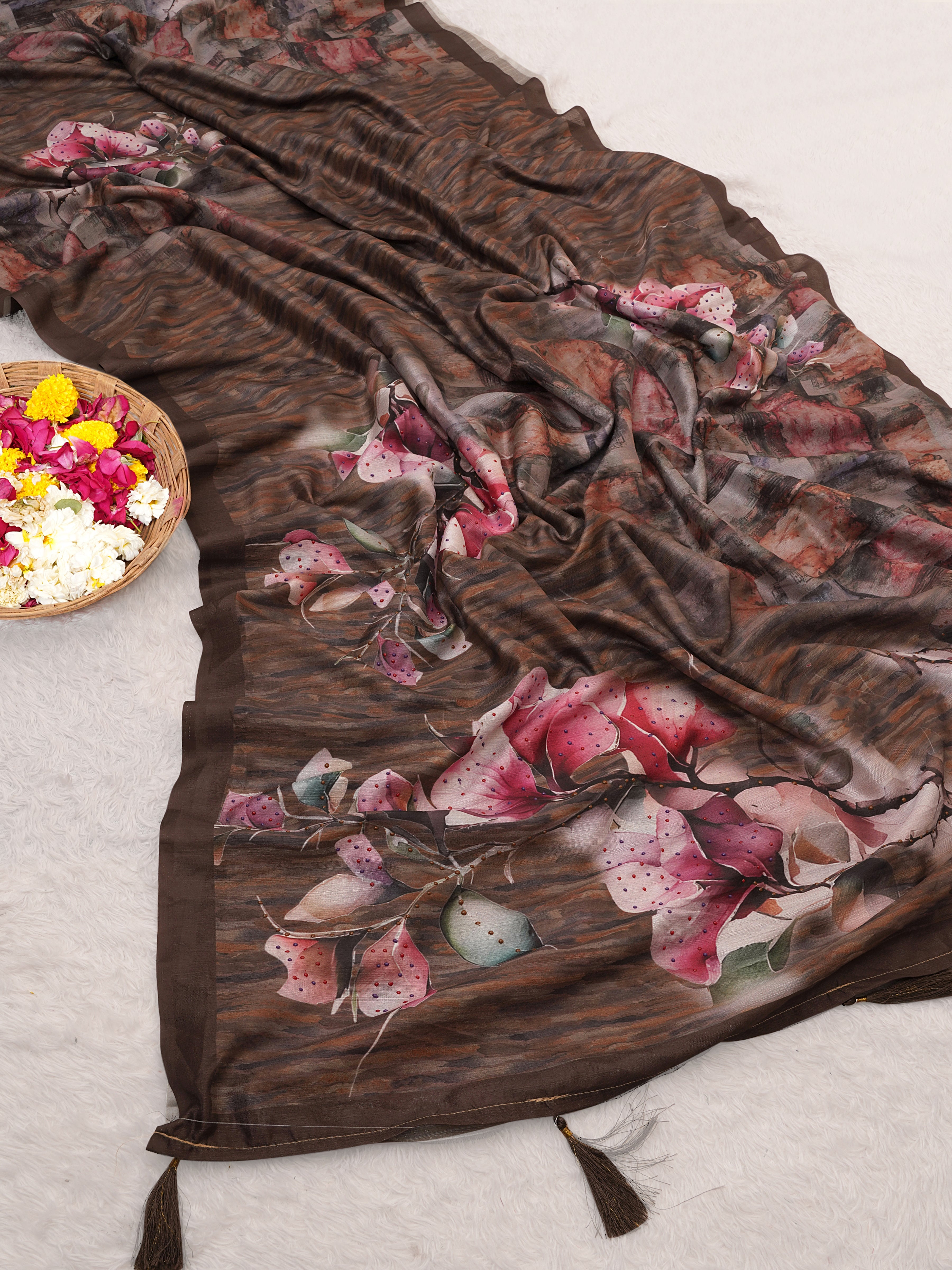 Brown Tusser Silk Floral Digital Printed Saree