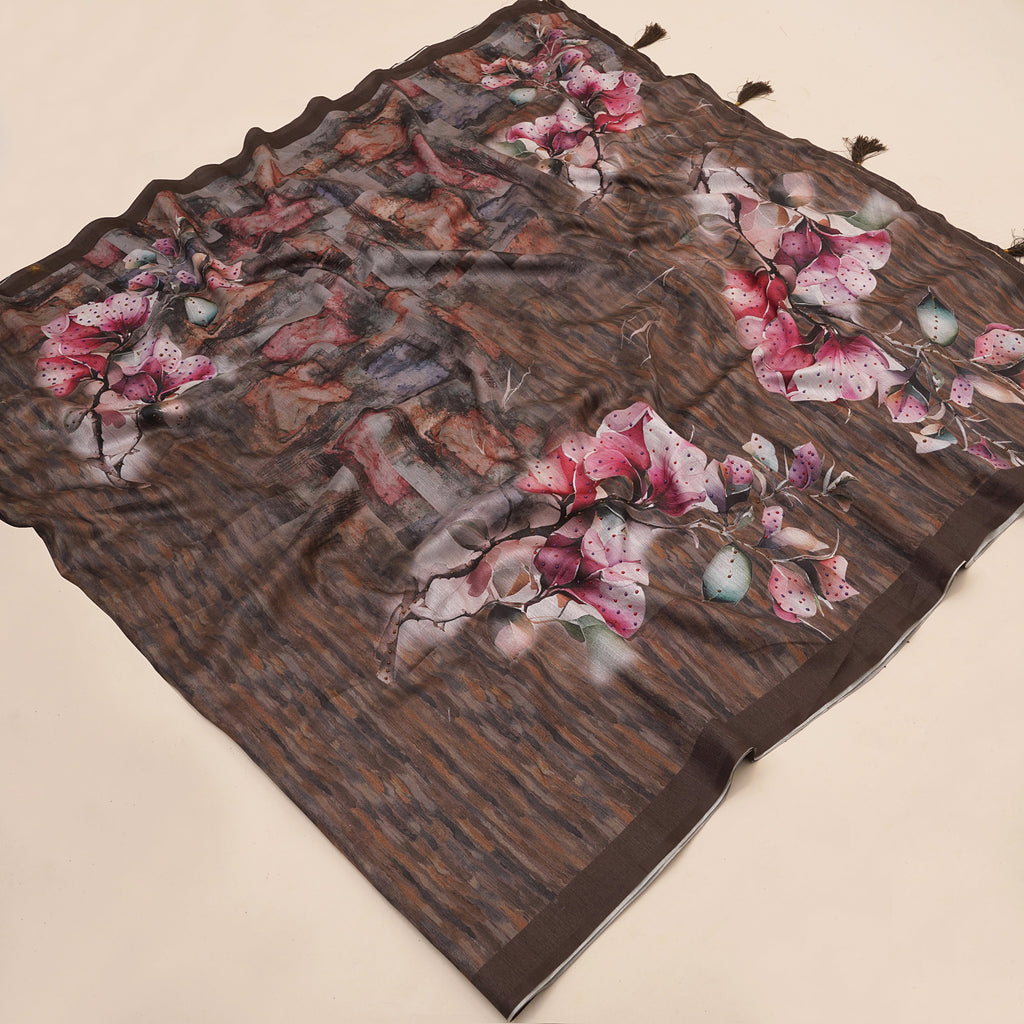 Brown Tusser Silk Floral Digital Printed Saree