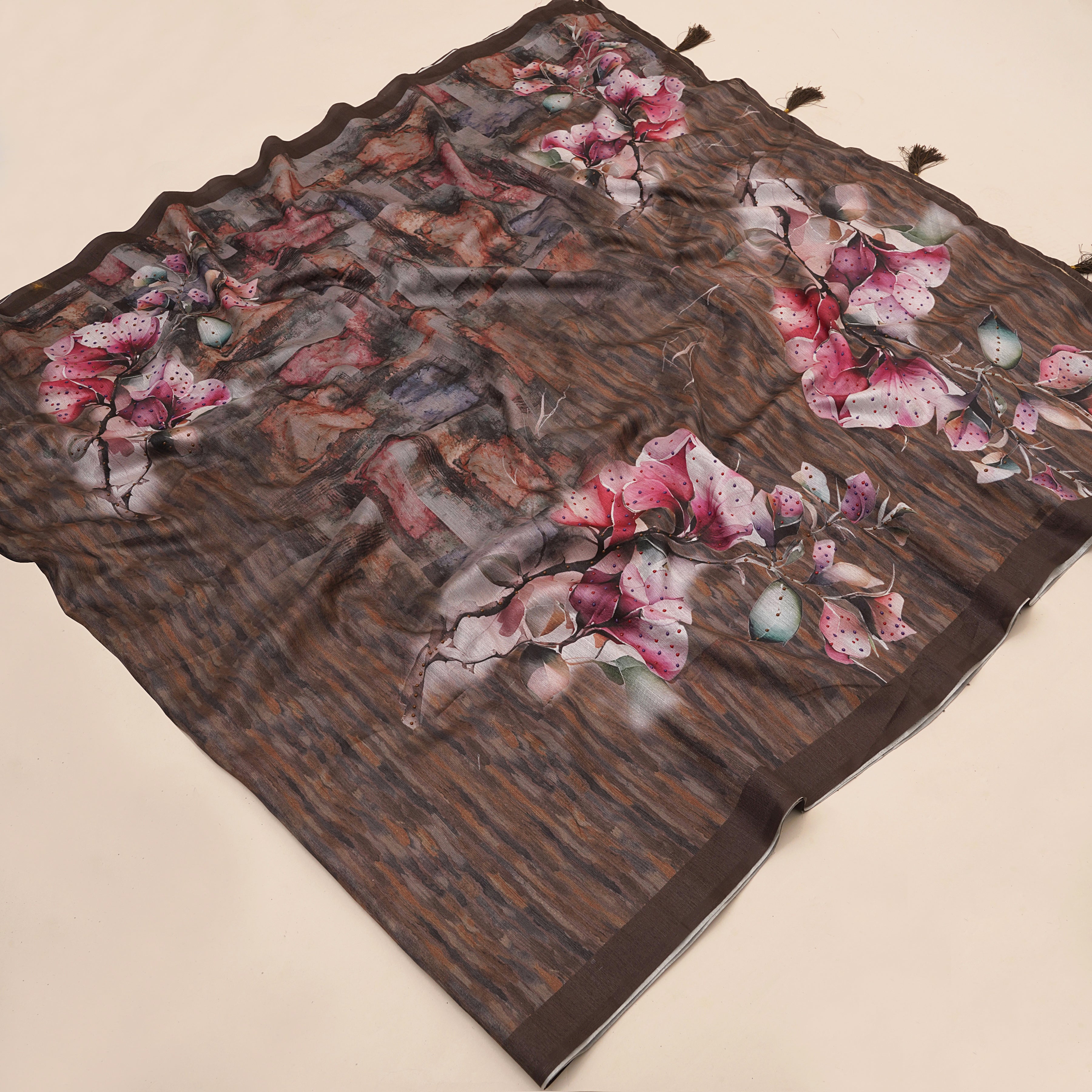 Brown Tusser Silk Floral Digital Printed Saree