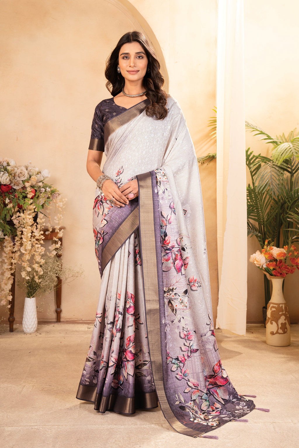 White Purple Digital Printed Self Jacquard Saree