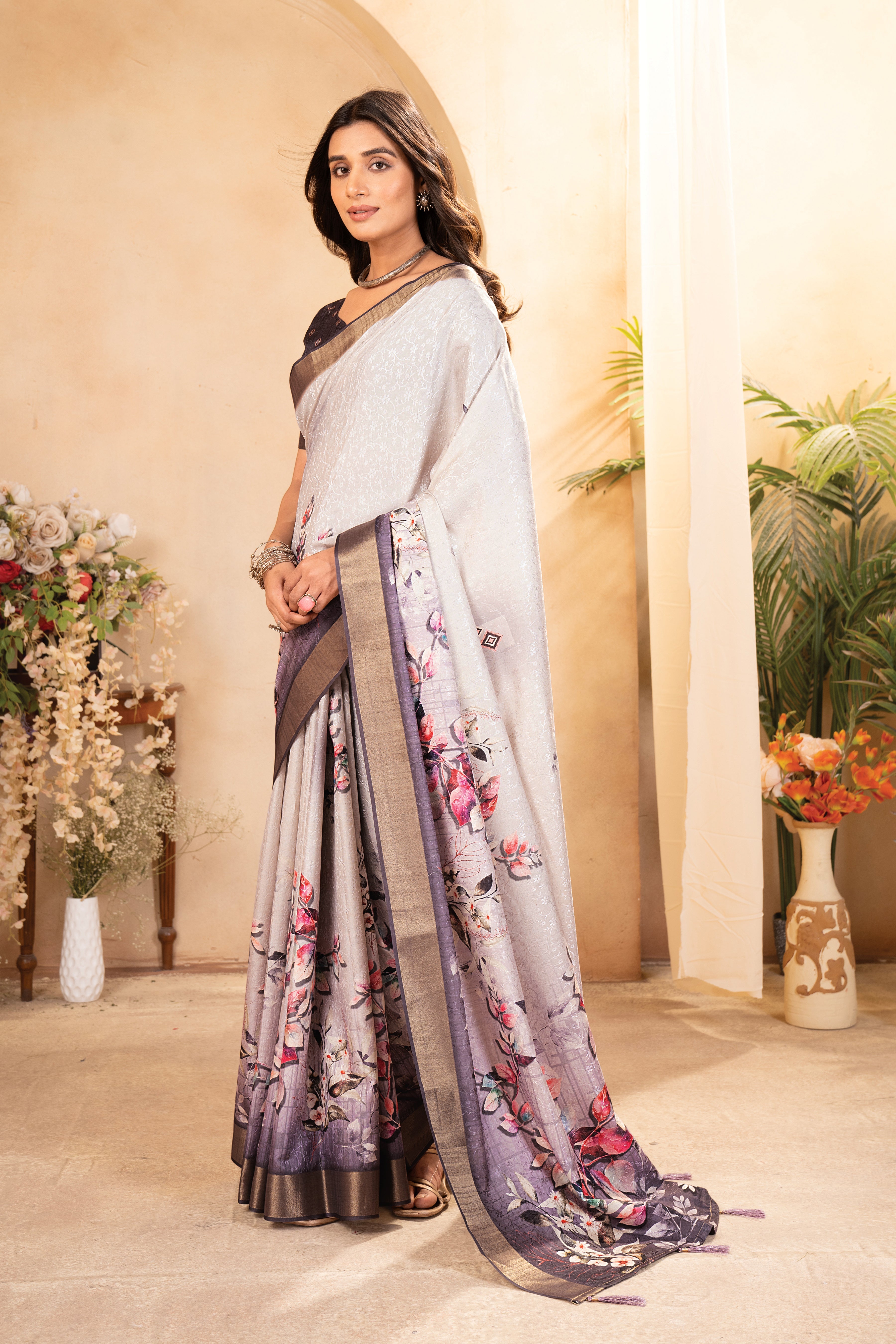 White Purple Digital Printed Self Jacquard Saree