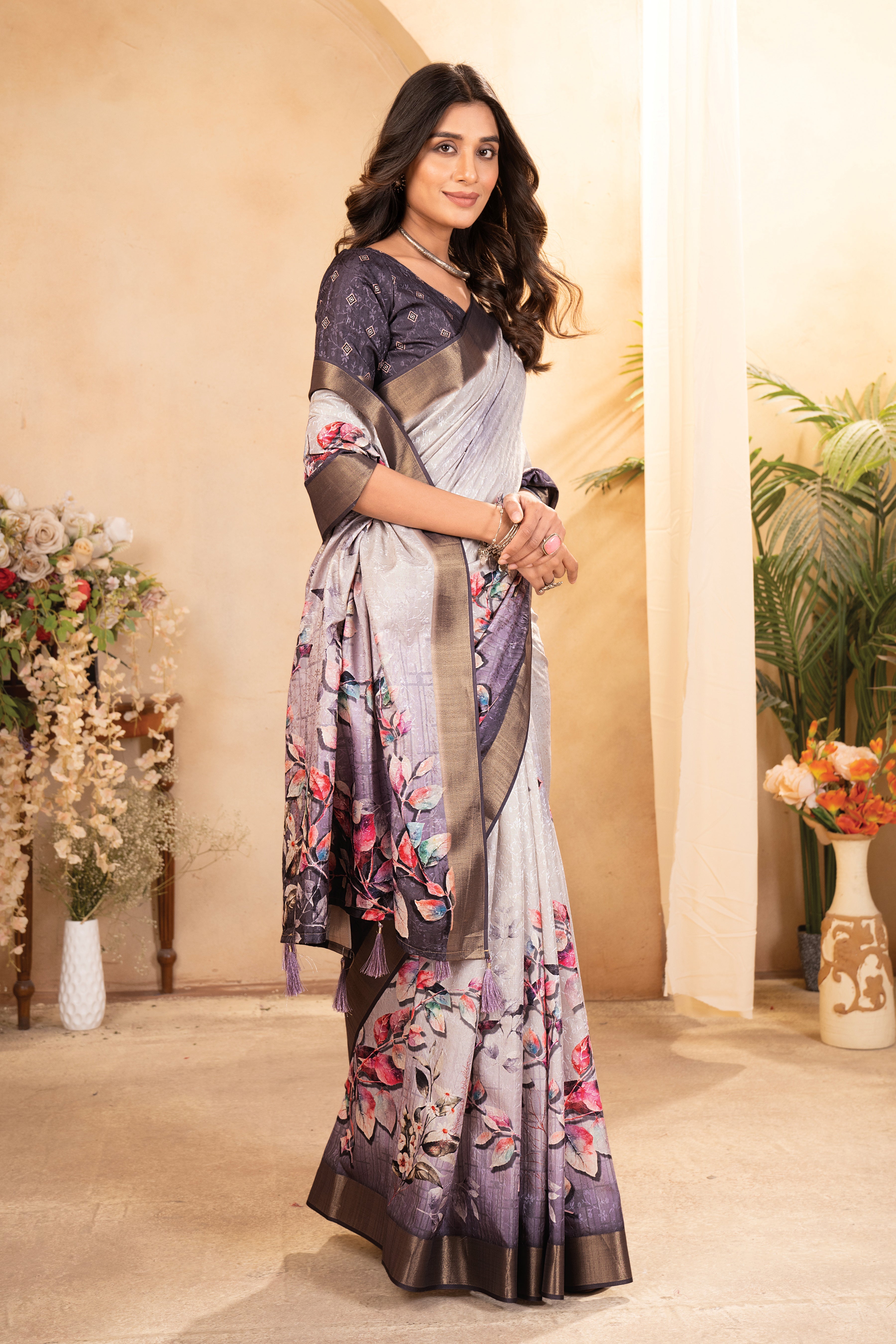 White Purple Digital Printed Self Jacquard Saree