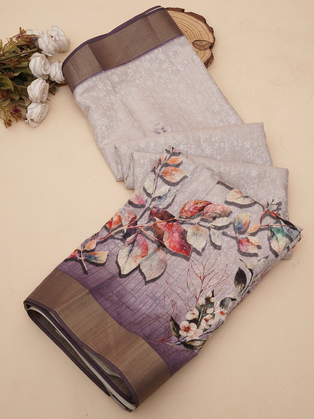 White Purple Digital Printed Self Jacquard Saree